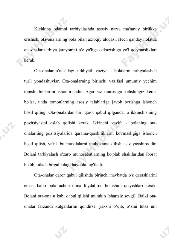 -onalar o'z mehnatlari bilan bolaning barcha ehtiyojlarini qondirishni ta'minlash orqali uni har qanday tashvish, harakat va qiyinchiliklardan himoya qiladigan, o'z zimmasiga oladigan munosabatlar tizimidir. oilada kattalarning bolalardan mustaqil bo'lish imkoniyati va hatto maqsadga muvofiqligini tan olishga asoslangan shaxslararo munosabatlar tizimi "aralashmaslik" taktikasi bilan yaratilishi mumkin. hamkorlik oiladagi munosabatlarning bir turi sifatida birgalikdagi faoliyatning umumiy maqsad va vazifalari, uni tashkil etish va yuksak axloqiy qadriyatlar bilan oiladagi shaxslararo munosabatlarning vositachiligini nazarda tutadi. aynan shu vaziyatda bolaning egoistik individualligi engiladi. munosabatlarning yetakchi turi hamkorlik bo‘lgan oila o‘ziga xos fazilat kasb etadi, yuqori darajadagi rivojlanish guruhiga – jamoaga aylanadi. hamkorlik oiladagi munosabatlarning bir turi sifatida birgalikdagi faoliyatning umumiy maqsad va vazifalari, uni tashkil etish va yuksak axloqiy qadriyatlar bilan oiladagi shaxslararo munosabatlarning vositachiligini nazarda tutadi. aynan shu vaziyatda bolaning egoistik individualligi engiladi. munosabatlarning yetakchi turi hamkorlik bo‘lgan oila o‘ziga xos fazilat kasb etadi, yuqori darajadagi rivojlanish guruhiga – jamoaga aylanadi. hamkorlik oiladagi munosabatlarning …