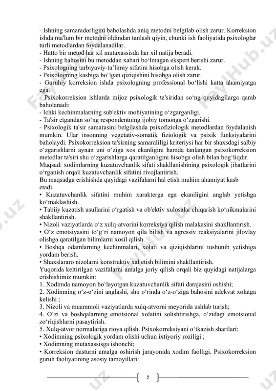 a tajribalarda yutuq va muvaffaqiyatsizliklarni aniqlash; 4) agar kerak bo‘lsa, rahbarlik uslubini o‘zgartirish orqali tashkilotdagi sog‘lom ijtimoiy-psixologik muhitni yanada takomillashtirish; 5) psixologik muvofiqligi asosida jamoani shakllantirish; 6) boshqaruv qarorlarini qabul qilish jarayonida xodimlarning salohiyatidan foydalanish; 7) xodimlar o‘rtasidagi rasmiy va norasmiy aloqalar chastotasining ko‘payishiga ko‘maklashish, ularning afzalliklarini ko‘rsatib, ularning kasbiy o‘sishiga ko‘maklashish; 8) jamoaning bo‘sh vaqtlarini birgalikda tashkil etish va o‘tkazish: - sport musobaqalarini o‘tkazish; - teatrlarga, kinolarga, konsertlarga qo‘shma tashriflarni tashkil etish; - maxsus ayramlar, sanalar va marosimlar uchun ziyofatlar tashkil etish; • 9) jamoa a'zolarining havaskor chiqishlarida ishtirok etish; • 10) jamoa uchun psixologik yengillashtirish xonasini yaratish; • 11) xodimlar o‘z takliflarini kiritishlari mumkin bo‘lgan guruh ishini yaxshilash uchun "takliflar va istaklar qutisini" yaratish; • 12) tashkilot psixolog tomonidan davriy va doimiy psixologik treninglar. jamoadagi psixologik zo‘riqishlarni bartaraf etish, ta'lim muassasasi rahbari va bo‘ysunuvchilarning kasbiy mahoratini oshirish, xodimlarning bo‘sh vaqtlarini to‘g‘ri tashkillashtirish, mehnat faoliyatini tashkil etishga takliflarni erkin …