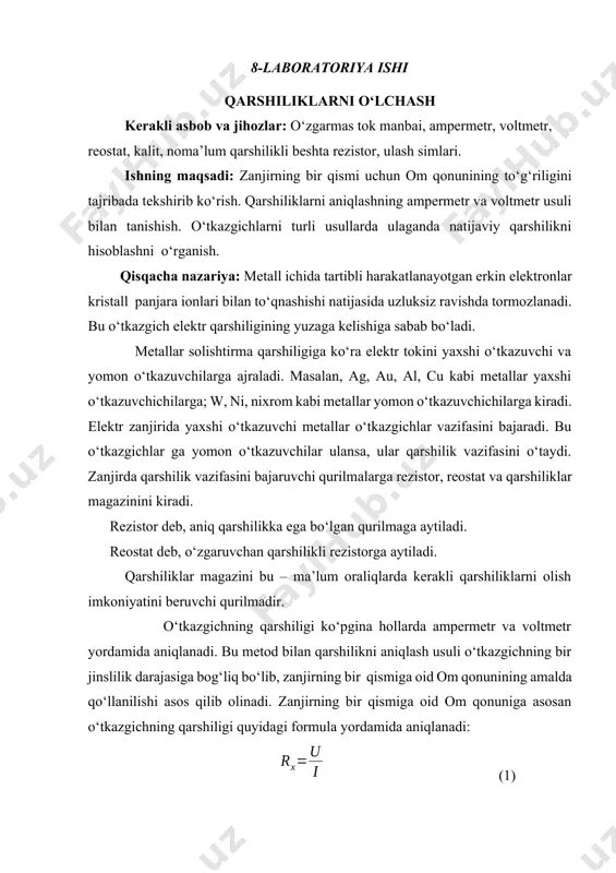 kiriting. 2 - rasm 6. tajribani yuqoridagi tartibda takrorlab ketma-ket ulangan qarshiliklar batareyasining natijaviy qarshiligini aniqlang. 7. rezistorlarni 3 - rasmda ko‘rsatilgan sxema ko‘rinishida parallel ulang. 3 – rasm 8. tajribani yuqoridagi tartibda takrorlab, parallel ulangan qarshiliklar batareyasining natijaviy qarshiligini aniqlang. 9. rezistorlarni aralash ulang. bunda aralash ulashning bir nechta variantlarini tavsiya qilish mumkin (4 va 5 - rasmlar). 4 – rasm 5 – rasm 10. tajribani yuqoridagi tartibda takrorlab, aralash ulangan qarshiliklar batareyasining natijaviy qarshiligini aniqlang. 11. rezistorlarni ketma-ket, parallel va aralash ulagan holatlardagi tajriba natijalarining o‘rtachasini ularni formulalar yordamida nazariy hisoblaganda chiqadigan natija bilan solishtiring. 12. tajriba xatoliklarini hisoblang. 13. laboratoriya ishidan olingan natijalarni quyidagi jadvalga kiriting: 1 – jadval. № zanjirga kiritiladi i1 (a) u1 (v) r1 (ω) i2 (a) u2 (v) r2 (ω) i3 (a) u3 (v) r3 (ω) (ω) (ω) f (%) 1 bitta rezistor 2 ketma-ket ulangan to‘rtta rezistor 3 parallel ulangan beshta rezistor …