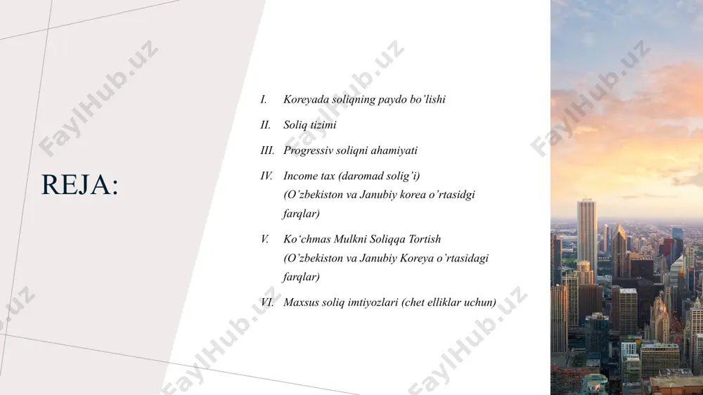 zlar bilan savdo solig‘i ✅ bojxona to‘lovlari ✅ maqsadli soliqlar transport, energetika va atrof-muhit solig‘i ta’lim solig‘i qishloq xo‘jaligini rivojlantirish uchun maxsus soliq koreyaning soliq tizimi 4 mahalliy soliqlar viloyat soliqlari ✅ umumiy soliqlar egalik solig‘i ro‘yxatdan o‘tish va litsenziya solig‘i dam olish solig‘i mahalliy iste’mol solig‘i ✅ maqsadli soliqlar jamiyat resurslari va inshootlari solig‘i mahalliy ta’lim solig‘i shahar va tuman soliqlari ✅ umumiy soliqlar aholi solig‘i mulk solig‘i avtomobil solig‘i mahalliy daromad solig‘i tamaki iste’moli solig‘i 5 milliy ichki soliqlar bevosita va bilvosita soliqlardan iborat bo‘lib, har biri beshtadan ichki soliqni o‘z ichiga oladi. ushbu o‘nta soliq orasida daromad solig‘i, korporativ soliq va qo‘shilgan qiymat solig‘i koreya davlat budjetining asosiy daromad manbalarini tashkil etadi. shuningdek, uchta milliy maqsadli soliq mavjud: transport, energetika va atrof-muhit solig‘i ta’lim solig‘i qishloq xo‘jaligini rivojlantirish uchun maxsus soliq ushbu soliqlardan tushgan mablag‘lar oldindan belgilangan davlat dasturlariga yo‘naltiriladi. mahalliy soliqlar 11 ta turga bo‘linadi va …