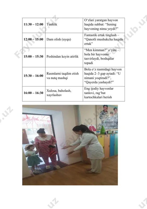 di (“qanotli mushuk”, “mushukcha yong‘in purkaydi”). maqsad: fantaziya va tafakkurni kuchaytirish. holat tasviri: “hayvonni tarifla – men chizaman” o‘yini jarayoni guruhda tarbiyachi bolalarni gilam atrofiga yig‘adi. u o‘yinni qanday o‘ynashlarini tushuntiradi: tarbiyachi: “bolajonlar, bugun biz juda qiziqarli o‘yin o‘ynaymiz! uning nomi — hayvonni tarifla – men chizaman! bir bola hayvonni tasavvur qiladi va uni so‘z bilan tariflaydi. boshqa bola esa uning aytganlariga qarab rasm chizadi. hamma tayyormi?” bolalar xursand bo‘lib “haaa!” deb javob berishadi. tarbiyachi: “ishtirokchilardan birinchisi bo‘lib aziz chiqadi. aziz, sen qanday hayvonni o‘ylading?” aziz: “u katta, quloqlari uzun, tumshug‘i bor, rangi kulrang.” tarbiyachi: “yaxshi, yana biror narsa qo‘shmoqchimisiz?” aziz: “u suv sepadi va qorni katta.” tarbiyachi: “ajoyib! demak bu hayvon... endi boshqa bola – laylo – sen bu tarifga qarab uni rasmga tushirib ko‘r. aziz esa rasmga qarab hayvon o‘xshagan-o‘xshamaganini aytadi.” laylo qog‘oz va rangli qalam oladi, diqqat bilan azizning tarifini eslaydi va rasm chiza boshlaydi. tarbiyachi bu …