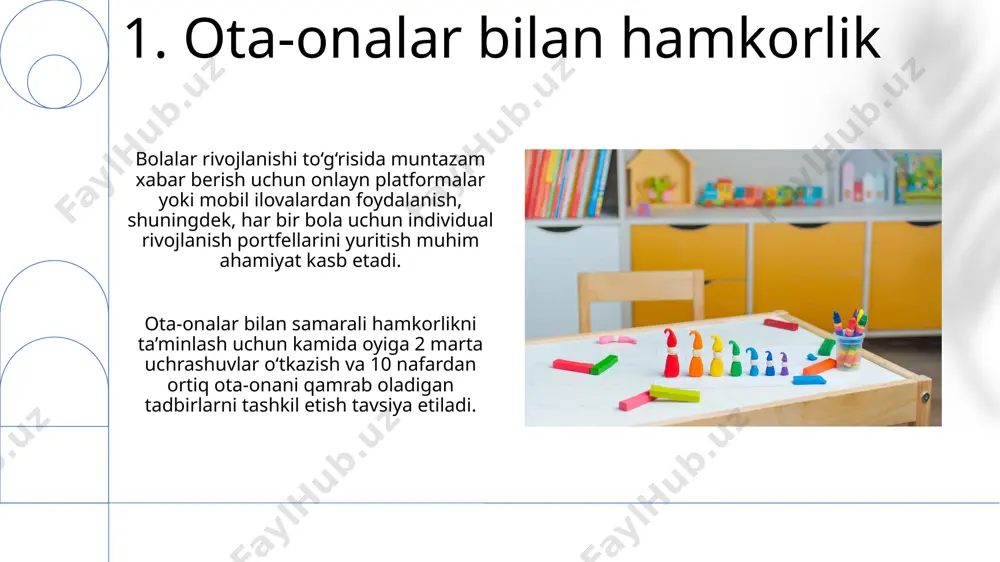 atkich, jumladan, pedagoglarning malakasi, o'quv dasturlari va moddiy-texnik bazaning holati hisobga olinadi. 10. maktabgacha ta'lim tashkilotlari turlari kichik guruhlardan (15 nafar bolaga qadar) tortib, katta guruhlargacha (25 nafar bolaga qadar) bo'lgan turli hajmdagi maktabgacha ta'lim muassasalari mavjud bo'lib, ular bolalar soniga qarab farqlanadi. maktabgacha ta'lim muassasalari davlat, nodavlat va xususiy turlarga bo'linadi, ularning har biri o'ziga xos litsenziyalash va moliyalashtirish tizimiga ega. 11.bino va infratuzilma talablari мактабгача таълим муассасалари учун камида 100 м² майдон, шу жумладан ўйин хоналари, ётоқхоналар ва овқатланиш зали зарур. ёруғлик даражаси ва вентиляция тизими нормаларга мос келиши шарт. бинонинг ёнғин хавфсизлиги талабларига жавоб бериши, камида 2 та чиқиш йўли ва ёнғин сигнализация тизими мавжуд бўлиши керак. ёш болалар учун эшик ва деразаларнинг хавфсизлигига алоҳида эътибор бериш зарур. 12.bolalar xavfsizligi va sog'lig'ini saqlash bolalar bog'chalarida kamida 2 nafar tibbiyot xodimi yoki malakali hamshira bo'lishi kerak, ularning vazifasi bolalarning sog'lig'ini kuzatish va birinchi tibbiy yordam ko'rsatishdan iborat. oziq-ovqat …