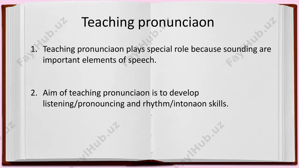 of teaching pronunciation imitative method analysis-method. methods of teaching pronunciation. imitative method is natural and simple. but it is based on unconscious acquisition of the language and its pronunciation. imitation requires from the teacher accurate pronunciation and from the pupil sharp hearing ability. analysis-method requires the work through consciousness, which results in the development of logical thinking. understanding and uttering of a pronunciation unit is fulfilled via analysis. methods of teaching pronunciation question: think and answer what sounds you will teach through imitative and analysis methods? exercises for teaching pronunciation exercises for teaching pronunciation are subdivided into 2 types: listening exercises 2. pronouncing exercises listening exercises listening exercises are based only on listening and using printed text. pronouncing exercises are aimed at developing learner’s pronunciation skills. task: when you listen to pronouncing exercises clap your hands and when you listen to listening exercises say “yes” listening exercises: listen to the …