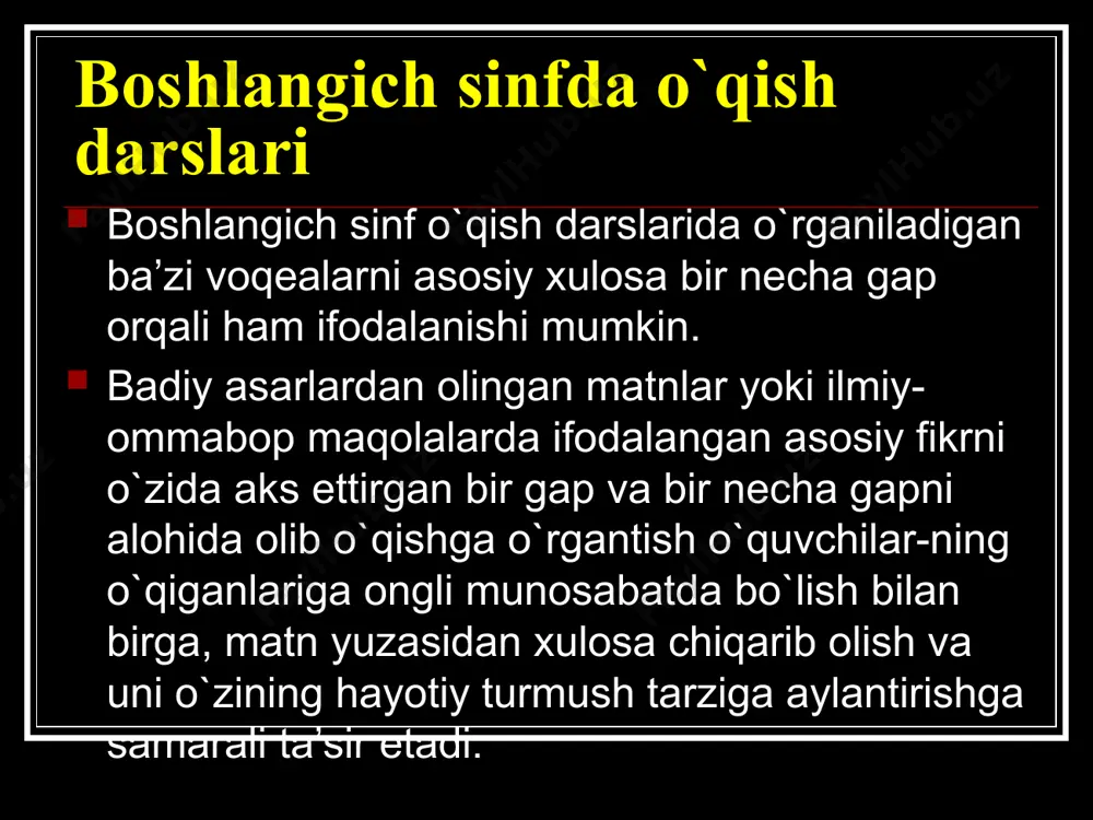 bo’linadi: savod o’rgatish jarayonida o’quvchilar o’qishga o’rganish bilan parallel ravishda yozuvdan ham elementar malaka hosil qiladilar. dasturga muvofiq o’quvchilar yozuvdan quyidagi malakalarni egallashlari lozim: 1. partada to’g’ri o’tirish, daftarni to’g’ri qo’yish, chiziqlarni chamalash, yozayotganda ruchkadan to’g’ri foydalanish, hoshiyaga rioya qilish 2. ish daftari yoki alifbe asosida o’zbek alifbosidagi barcha katta va kichik harflarni yozish, shuningdek, harflarni so’zda bir-biriga bog’lab yoza olish: bosma matnni yozma matnga aylantirib yozish. darslarni uyushtirish bunday mashg`ulotlarni boshqa darslarni uyushtirishda ham qo`llash mumkin. buning uchun uktuvchining o`zi matnni ukib uni yaxshi uzlashtirib olishi lozim. tanlab o`qishning yana bir turi berilgan savolga bir o`quvchi javob berayotganda usha javoblar ifodalangan gaplarni tekstdan kuzatib boish va o`quvchi javobini tugatgandan keyin o`qqitirish ham mumkin. bu haqida metodist olim a.xo`jaevning: “maktab tajribasida ba’zan shunday xollar ham buladiki: bir o`quvchi o`qigan matn yuzasidan o`quvchilarning savollariga javob beradi, boshka bir o`quvchi esa uz sinfdoshi tomonidan aytilgan gaplar yoki bayon kilingan fikrlarni tasdik kiluvchi …