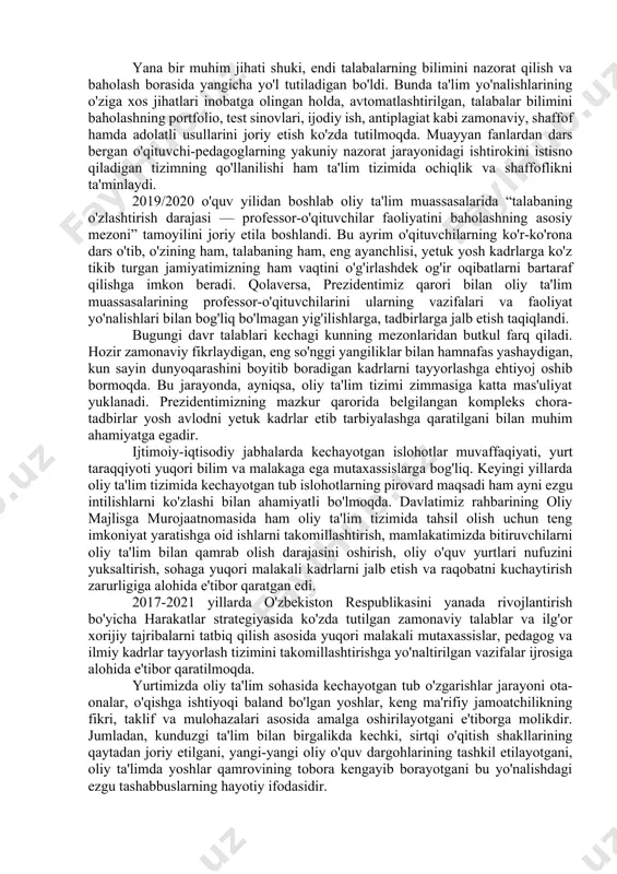 iyatiga bo'lgan davlat talablariga rioya etilishiga doir vakolatlari bekor qilindi; ta'lim tashkilotlarida siyosiy partiyalarning tashkiliy tuzilmalarini tashkil etish taqiqlandi; chet davlatlari va o'zbekiston oliy ta'lim tashkilotlari o'rtasida tuzilgan shartnoma asosida ularning bitiruvchilariga ikki tomonlama diplom (double diploma) berilishi mumkinligi belgilandi. vazirlar mahkamasining 7.08.2020 yildagi “o'zbekiston respublikasida uzluksiz boshlang'ich, o'rta va o'rta maxsus professional ta'lim tizimini tartibga soluvchi normativ-huquqiy hujjatlarni tasdiqlash to'g'risida” 466-son qarori qabul qilindi. prezidentning 6.09.2019 yildagi “professional ta'lim tizimini yanada takomillashtirishga doir qo'shimcha chora-tadbirlar to'g'risida” pf-5812-son farmonini ijro etish maqsadida qaror bilan quyidagilar tasdiqlandi: uzluksiz boshlang'ich, o'rta va o'rta maxsus professional ta'lim to'g'risidagi nizom; boshlang'ich professional ta'lim bosqichida kadrlar tayyorlaydigan kasb-hunar maktablarining namunaviy ustavi; o'rta professional ta'lim bosqichida kadrlar tayyorlaydigan kollejlarning namunaviy ustavi; o'rta maxsus professional ta'lim bosqichida kadrlar tayyorlaydigan texnikumlarning namunaviy ustavi. tizimida kollejlar va texnikumlar bo'lgan vazirliklar, idoralar va xo'jalik birlashmalariga tasdiqlangan namunaviy ustav asosida ularning ustavlarini ishlab chiqish hamda ularning faoliyatini ularga muvofiq yo'lga qo'yish …