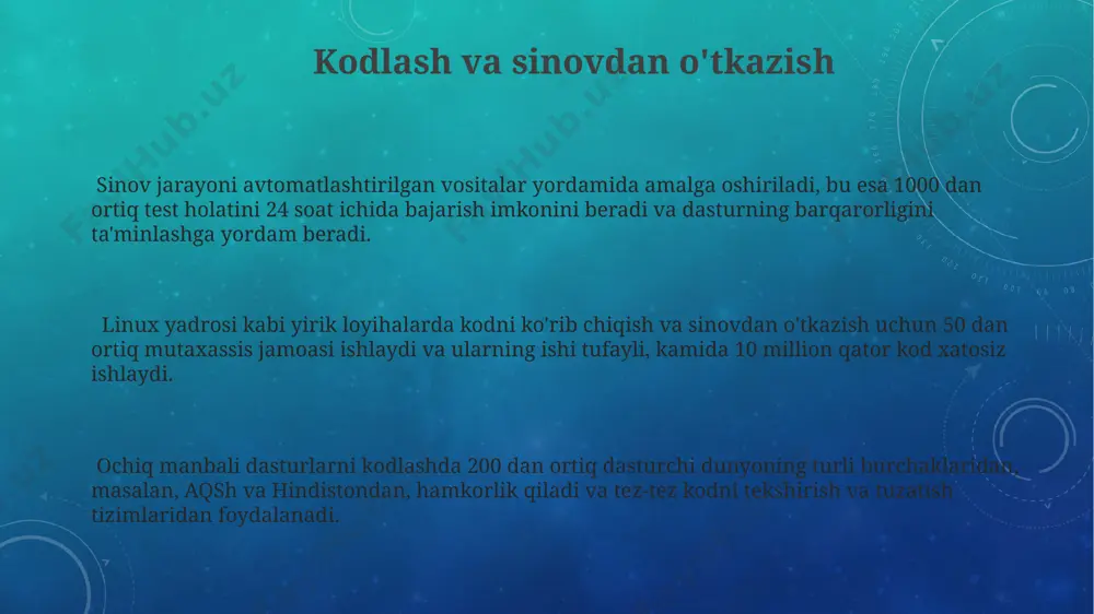 tig'ini qayta ishlaydi va aqshning kaliforniya shtatida joylashgan apache software foundation tomonidan qo'llab-quvvatlanadi. wordpress, saytlarning 40% dan ko'prog'ini tashkil etadigan mashhur kontent boshqaruv tizimi bo'lib, butun dunyo bo'ylab, jumladan, o'zbekistonda ham keng qo'llaniladi va minglab plaginlar bilan kengaytiriladi. ochiq manbali dasturiy ta'minotning afzalliklari va kamchiliklari ochiq manbali dasturiy ta'minotning bepulligi, kichik kompaniyalar uchun, masalan, 50 nafar xodimli toshkentdagi kompaniya uchun, xarajatlarni sezilarli darajada kamaytiradi, ammo hujjatlashtirishning yetarli emasligi muammo bo'lishi mumkin. ochiq manbali dasturiylarni 1000 dan ortiq dasturchi dunyoning turli burchaklaridan, masalan, hindiston va aqshdan, birgalikda ishlab chiqishi, xatoliklarni tezroq tuzatish imkoniyatini beradi. ochiq manba kodlariga kirish imkoniyati tufayli, 20 dan ortiq universitet talabalari o'z loyihalarida bundan foydalanib, dasturiy ta'minotni yanada rivojlantirishga hissa qo'shishadi. jamoaviy ish va hamkorlik github kabi platformalar orqali 5000 dan ziyod loyihalar jahon bo'ylab dasturchilar jamoasi tomonidan birgalikda ishlab chiqilmoqda, bu esa ko'plab mamlakatlarda texnologiyalar almashinuvi tezligini oshiradi. linux yadrosining rivojlanishiga 15000 dan ortiq dasturchi hissa …