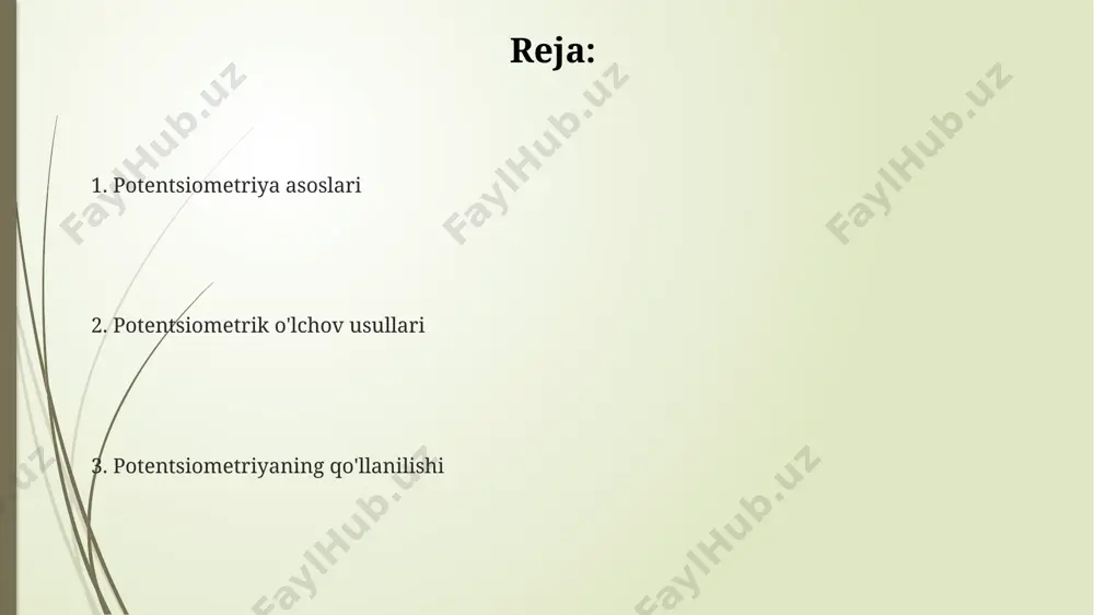 adi, bu kimyo sanoatida muhim ahamiyatga ega. potensiometriya nima? potensiometriya – bu eritmadagi ionlarning konsentratsiyasini aniqlash usuli bo'lib, unda ikki elektrod (indikator va referent) orasidagi potentsial farqi o'lchanadi, bu farq ionlar faolligi bilan logaritmik bog'liqdir. ion-selektiv elektrodlar yordamida, masalan, kalsiy ionlari uchun selektiv elektrod ishlatib, 10⁻⁶ mol/l dan 10⁻² mol/l gacha bo'lgan konsentratsiyadagi kalsiy ionlarini aniqlash mumkin. potensiometrik titrlashda, masalan, ph-metr yordamida, titrlash jarayonida 14 mv ga teng bo'lgan potentsialning keskin o'zgarishi ekvivalent nuqtasini aniqlash imkonini beradi va bu titrlanayotgan moddaning konsentratsiyasini hisoblashga yordam beradi. potensiometrik titrlash kuchli kislota va kuchli asosning titrlanishida ph ning keskin o'zgarishi kuzatiladi, bu esa ekvivalentlik nuqtasini aniqlashni osonlashtiradi va aniqlikni oshiradi, masalan, 7 ph atrofida. potensiometrik titrlashda elektrod potentsialining o'zgarishini kuzatish orqali titrlash nuqtasini aniqlash mumkin, bu esa 0,1 ml ga yaqin aniqlikni ta'minlaydi va klassik usullarga nisbatan ancha yuqori aniqlik beradi. potensiometrik titrlash, turli xil indikatorlarning qo'llanilishini cheklab qo'yadigan rangli eritmalar yoki bulutli …