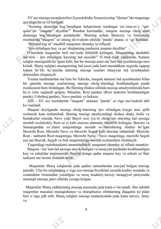 mlari va farg‘ona-toshkent maqom yo‘llarining mumtoz ijrochilik an’analari bezavol yetib keldi. makom atamasi arabcha suz bulib, istiqomat “o`rni”, “turar joy” ma’- nolarida keladi. musina istiloxida esa maqom musiqa cholg`ularida kuy va ashulalarni tashkil etadigan tovushlarning joylashadigan o`rni, ya’ni pardalardir. musina risolalarining ba’zilarida maqomlar turlicha ta’riflanadi. x-xiii asr yozma manbalarida maqomlarga noaniq ta’rif beriladi. shuning uchun so`nggi davrda yozilgan musiqa nazariy asarlariga murojaat etamiz. 5 xv asr musiqa nazariyotchisi zaynulobidin xusayniyning “qonun”ida maqomga quyidagicha ta’rif berilgan “sozning dastasiga bog`lanadigan halqasimon tusshugar (so`zma-so`z “qal- qalar”)ni “maqom” deydilar”' bundan kurinadiki, maqom musiqa cholg`ulari dastasiga bog`lanadigan pardalardir. shuning uchun sheroziy va jomiyning risolalarida “maqom” so`zining zkvivalenti sifatida “parda” atama- si ^qo`llaniladi. “biyosul-lug`at” muallifi maqomni shunday ta’riflaydi: “ijro etiladigan kuy va qo`shiqlarning pardasini maqom deydilar” o`tmishda maqomlar turli ma’noda ishlatilib kelingan. maqomning dastlabki ma’nosi - ijro etiladigan kuyning lad asosidir'" o`zbek-tojik xalqlarida, bonnsa xalqlar musiqasida bo`lgani kabi, har bir musiqa asari ma’lum lad uyushmasiga mos …