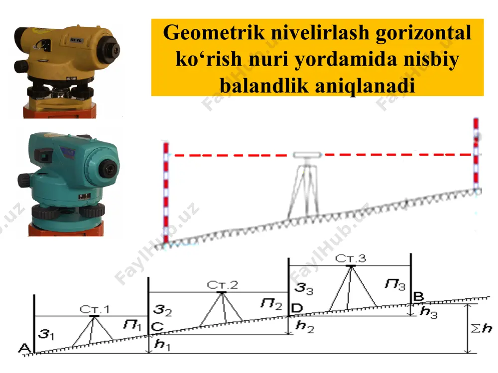 irmasiga teng. o’rtadan nivelirlash geometrik nivelirlashda asosan о‘rtadan nivelirlash qо‘llaniladi. о‘rtadan nivelirlash mumkin bо‘lmagandagina olg‘a nivelirlash usuli qо‘llaniladi. olg‘a nivelirlashning kamchiligi shundan iboratki, qiya bо‘lgan joyning nisbiy balandligi nivelir balandligi bilan reykadan olingan sanoq ayirmasiga teng bо‘lmaganligidan, bunda faqat asbob balandligiga teng bо‘lgan nisbiy balandliknigina о‘lchash mumkin. bundan tashqari, olg‘a nivelirlashda har bir bekat (stansiya)da asbob balandligini aniq о‘lchash zarur bо‘lganligidan ishlar ancha qiyinlashadi va kо‘p mehnat sarf bо‘ladi. o‘rtadan nivelirlashning afzalliklari quyidagilardan iborat: – har bir bekatda reyka balandligiga teng bo‘lgan nisbiy balandlikni, ya’ni olg‘a nivelirlashdagiga nisbatan kattaroq nisbiy balandlikni o‘lchash mumkin; – har bir bekatda nivelir balandligini o‘lchashning hojati yo‘q; – nivelirning ko‘rish trubasi nivelir bilan reyka orasidagi masofani kattalashtirib ko‘rsatganligidan olg‘a nivelirlashdagiga qaraganda ikki barobar uzunroq masofani nivelirlash mumkin; – asbob ikki nuqta o‘rtasida o‘rnatilganligidan yer yegriligining va atmosfera refraksiyasining ta’siri juda kamayadi; – asbob nivelirlanayotgan ikki nuqtaning qoq o‘rtasiga o‘rnatilganda asbob vizir o‘qining gorizontal emasligi natijasida …