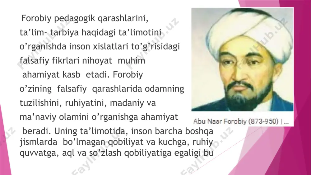 u uch qаvаtli bo’lgаn. binoning sirti koshin vа sirli pаrchinlаr bilаn qoplаngаn. binoning ichki sаhni sudsi fаxriy (sekstаnt) vа koridorlаr bilаn to’rt qismlаrgа аjrаtilgаn. rаsаdxonа ichki devorlаridа koinot-u еr shаrining umumiy mаnzаrаsi tаsvirlаngаn bo’lib, shu tufаyli bu mаvzu аholi o’rtаsidа «hаqshi jаhon» degаn nom bilаn shuhrаt topаdi. sharqning ulkan qomusiy olimi, jahon ilmi va pedagogik fikrlarining eng mashhur namoyondalaridan abu ali al-husayn ibn abdulloh ibn sino (980-1037) ta’lim-tarbiya masalariga jiddiy va ijodiy yondashgan. olimning bolani tarbiyalash va o‘qitish haqidagi pedagogik - psixologik qarashlari o‘zining chuqurligi, insonparvarligi va teranligi bilan kishini hayratda qoldiradi. ibn sino “risolat at-tayr” (“qush”), “xayy ibn yaqzon”, (“uyg‘oq o‘g‘li tirik”), “donishnoma” kabi asarlarida o‘zining pedagogik va psixologik qarashlarini ifodalaydi. masalan, u “hayy ibn yaqzon” asarida yoshlarni do‘stlikka, bilim o‘rganishga chaqiradi: “... bir-biringizdan bilim o‘rganib, kamol topishingiz uchun dil pardasini ochib tashlang”. shuningdek, alloma shaxs fe’l-atvorini, tabiatini chuqurroq tushunish uchun farosat ilmining, ya’ni ilmiy mantiqni bilishga da’vat qiladi. …