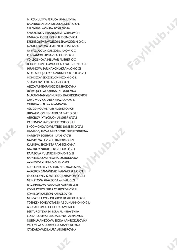 a mexrangiz dilshodovna jo‘raqulova sabina ixtiyorovna muxammadiyev nurbek baxriddinovich qayumov og‘abek mavjud o‘g‘li tairova malika alamovna asliddinov aliyor alisherovich jurayev jonibek abdusamat o‘g‘li asrorov ixtiyorjon alisher o‘g‘li rabbimov sardorbek toir o‘g‘li shodmonov davlatbek jonibek o‘g‘li hamroqulova azizabegim sherzodovna narziyev sobirjon ilyos o‘g‘li narziyeva sevinch bahodir qizi kuliyeva shohista raxmonovna nazarov nodirbek g‘ofur o‘g‘li rajabova yulduz ilhomjon qizi xamrakulova nigina murodovna axmedov xurshid olim o‘g‘li kurbonboyeva shirin shuxratovna axrorov samandar mamarasul o‘g‘li ibodullayev izzatbek qaxramon o‘g‘li nematova shaxzoda akmal qizi ravshanova farangiz alisher qizi komiljonov nusrat suxrob o‘g‘li komilov kamron kamolovich ne’matullayev dilshod baxriddin o‘g‘li toshkenboyev otabek abdumannon o‘g‘li abdijalilov alisher uktamovich bekturdiyeva dinora alimbayevna elmurodova feruzabonu fayziyevna nurmuxamedova iroda xamrokulovna vafoyeva shaxrizoda mansurovna xaydarova dilnura alisherovna istatova shoxsanam ismoiljon qizi karanova gulasal sherzod qizi karimberdiyev og‘abek zayniddin o‘g‘li kenjayeva muxlisa anvar qizi mamatkarimov abbos alisher o‘g‘li namozov azizjon narzullo o‘g‘li namozova zamira sherzod qizi samiyev jahongir maxmud o‘g‘li urazboyeva aziza …