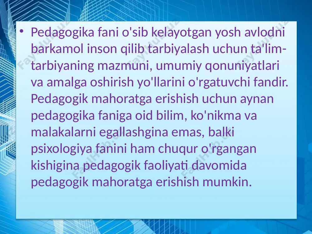 ini boshqara olish (mimika va pantomimika). 2) o'z his-tuyg'usini, kayfiyatini boshqara olish (keraksiz psixik zo'riqishni olib tashlash, ijodiy kayfiyatni o'zi uchun va o'quvchilar uchun yarata olish). 3) ijtimoiy perseptiv qobiliyat (diqqat, kuzatuvchanlik, xayol). 4) nutq texnikasi (nafas olish, ovozni to'g'ri qo'ya olish, diksiya, nutq tempi). ikkinchi guruhning tarkibiy qismlari – bunga jamoaga va shaxsga ta'sir eta olish malakasi bilan, ta'lim va tarbiya jarayonining texnologik tomonlari kiradi. pedagogik texnikani egallash uchun avvalo, o'qituvchi o'z fanini, o'qitadigan predmetini, pedagogika (tarbiyashunoslik), psixologiya (ruhshunoslik), metodika fanlarini davr taraqqiyoti darajasida bilishi, muntazam ravishda ilg'or tajribalarni o'rganib borishi, kasbiy-pedagogik jihatdan o'z-o'zini tarbiyalashi zarur bo'ladi. chunki, pedagogik texnika individual shaxsiy xususiyatga ega. mohir o'qituvchiga xos bo'lgan bu malakalar o'qituvchi –tarbiyachini kasbiy ideallik sari etaklaydi. pedagogik texnikani egallashning birinchi yo'li shudir. pedgogik mahorat egasi oz mehnat sarf qilib, katta natijaga erishadi. qobiliyat faoliyat jarayonida paydo bo'ladi va rivojlanadi, qobiliyatni rivojlaitirsh uchun esa layoqat, zehn, iste'dod, ya'ni inson nerv …