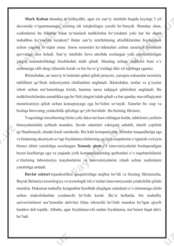 llekt haqida keyingi 3 yil davomida o‘rganmasangiz, sizning ish istiqbolingiz yaxshi bo‘lmaydi. shunday ekan, xodimlarini bu bilimlar bilan ta‘minlash tashkilotlar bo‘ynidami yoki har bir shaxs tashabbus ko‘rsatishi kerakmi? bular sun‘iy intellektning afzalliklaridan foydalanish uchun yagona to‘siqlar emas. inson resurslari ko‘nikmalari uchun zaruriyat hisoblash quvvatiga mos keladi. sun‘iy intellekt ilova atrofida sozlangan yoki moslashtirilgan yuqori unumdorlikdagi hisoblashni talab qiladi. shuning uchun, tashkilot buni o‘z zimmasiga olib shug‘ullanishi kerak va biz bu to‘g‘risidagi ikki xil tajribaga egamiz. birinchidan, an‘anaviy ta‘minotni qabul qilish jarayoni, yaroqsiz uskunalar taxminiy tahlillarni qo‘llash imkoniyatini cheklashini anglatadi. ikkinchdan, testlar va g‘oyalar isboti uchun ma‘lumotlarga kirish, hamma narsa tadqiqot qilinishini anglatadi. bu tashkilotchilardan ustunlikka ega bo‘lish istagini talab qiladi va har qanday muvaffaqiyatni monetizatsiya qilish uchun konsepsiyaga ega bo‘lishni so‘raydi. xatarlar bu vaqt va boshqa birovning yetakchilik qilishiga qo‘yib berishdir. bu bizning fikrimiz. yuqoridagi misollarning birini yoki ikkovini ham ishlatgan holda, tahkilotni yashirin himoyalanishda ayblash mumkin. savdo odamlari eskirgani …