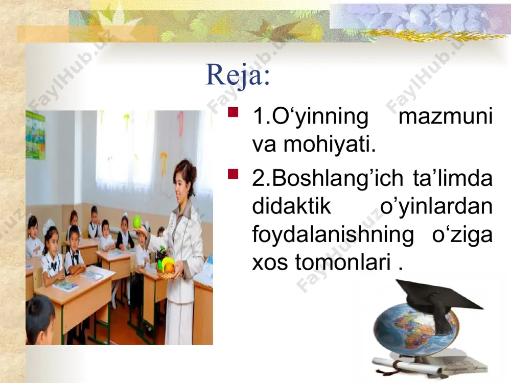 n egallashni xoxlaydi, g’olib bo‘lishga intiladi, bu bolaning faolligini oshirishga yordam beradi asosiy va qo‘shimcha qoidalar o‘yin mazmuni, uni mantiqiy ketma-ketligini belgilaydi. jarayon sifatida o‘yin tuzilmasi (g.k. selevko ta’biricha) quyidagilarni qamrab oladi: o’yin tuzilmasi o‘ynash uchun olingan rollar; bu rollarni ijro etish vositasi bo‘lgan o‘yin harakatlari; haqiqiy narsalarni shartlilarga almashtirish; o‘yinda ishtirok etuvchilarning real o‘zaro munosabatlari; o‘yinda shartli ravishda yaratilgan syujet (mazmun). o’quv mashg’ulotlatlarida o’yinlar va o’yinli vaziyatlarni qo’llash quyidagi asosiy yo’nalishlarda amalga oshiriladi: didaktik o’quv materialidan o’yin vositasi sifatida foydalaniladi. o’quv faoliyatida didaktik vazifani o’yin vazifasiga aylantiruvchi musobaqa elementi qo’llaniladi. didaktik maqsad talabalar oldiga qo’yilgan topshiriq shaklida qo’yiladi. o’quv faoliyati o’yin qoidalariga bo’ysundiriladi. muvaffaqiyatli bajarilgan didaktik topshiriq o’yin natijasi sanaladi. pedagogik o’yinlar o’zida quyidagi belgilarni namoyon qiladi: o’quvchining xohishiga ko’ra tanlangan erkin rivojlantiruvchi faoliyat ekanligi ushbu faoliyatning ijodiy, avvaldan tayyorlanmaganligi faoliyatning hissiy ko’tarinkiligi, raqobatga asoslanganligi bilvosita va bevosita qoidalarning mavjudligi o’yin turlari didaktik o‘yinlar –modellashtirish asosida qiziqish, faolliklarni oshiradigan …