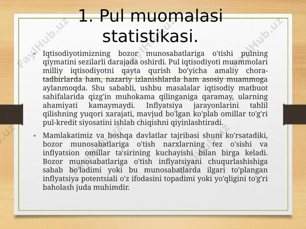 ing kombinatsiyasi. pul massasi tuzilishida faol ayirboshlash mablag'lari sifatida xizmat qilishi mumkin bo'lgan pul aylanmalari, hisobvaraqlar qoldiqlari, shu jumladan, iqtisodiy aylanmaga xizmat qiladigan mablag'lar va passiv qismi mavjud. qiymat qonuni va uning muomala doirasida yuzaga chiqish shakli - pul muomalasi qonuni tovar-pul munosabati mavjud bo’lgan barcha ijtimoiy formatsiyalarga xosdir. qiymat shakllari va pul muomalasi taraqqiyot yo’lini tahlil qilayotib, k. marks pul muoma-lasining qonunini ochdi. bu qonunga asosan muomala vositasi funktsiyasini amalga oshirish uchun kerak bo’lgan pul miqdori aniqlanadi.. metallik pul muomalasida muomaladagi pul miqdori stixiyali tarzda, pullarning xazina funktsiyasi yordamida tartibga solib turilgan: agar pulga ehtiyoj kamaysa, ortiqcha pullar (oltin tanga) muomaladan xazinaga oqib o’tishi kuzatilgan va aksincha. shunday qilib, muomaladagi pul miqdori kerakli darajada ushlab turilgan. keyinchalik muomalaga banknotalar chiqarilishi va ularning metallar (oltin yoki kumush)ga erkin almashinishi ham muomalada pulning ortiqcha miqdori bo’lishini inkor etadi. agar muomalada oltinga almashinmaydigan banknotalar yoki qog’oz pullar (xazina biletlari) amal qilsa, u …