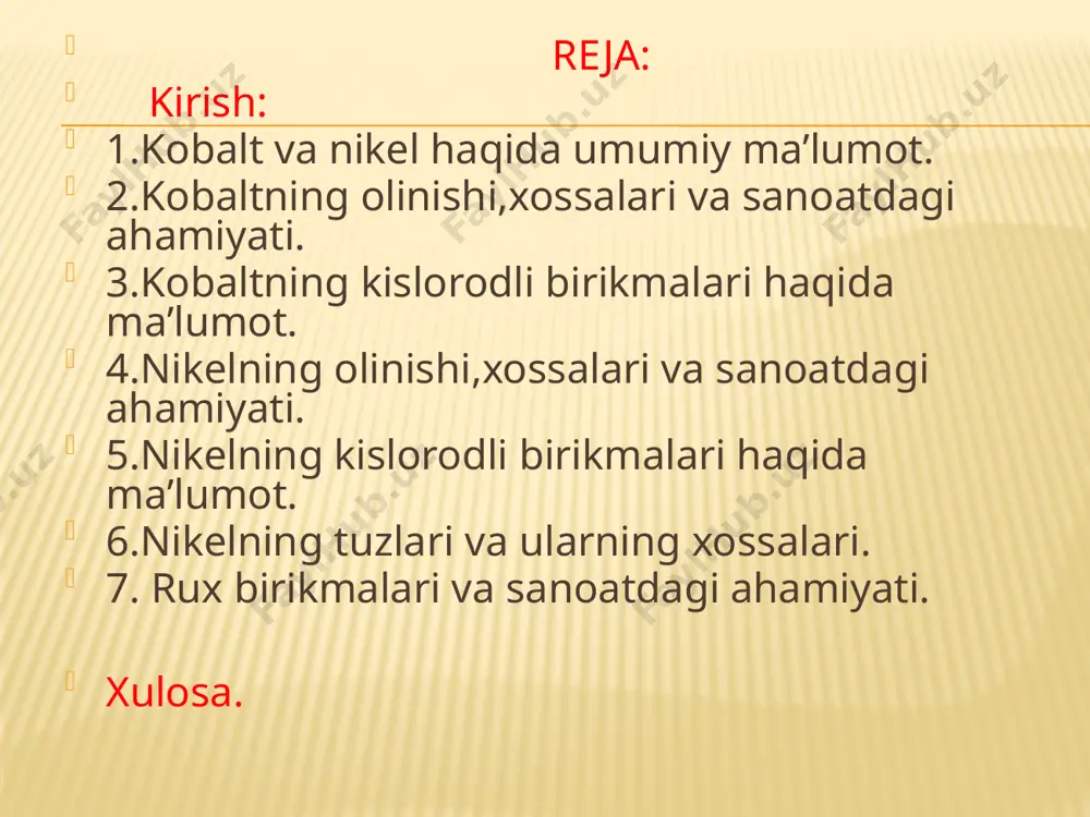 ammiak gidrati bilan ta`sirlashmaydi. amfoterlik xossalarni namoyon etadi (asos xossalari ustunroq turadi); suyultiril-gan kislotalar, kontsentrlangan ishqorlar bilan birikadi. kislorod tasirida oksidlanadi, vodorod bilan qaytariladi. mr = 74,93; d = 6,47; tsuyuq = 1810 °c. olinishi : 2(coiicoiii2)o4 = 6coo + o2 co(oh)2 = coo + h2o xossalari: 1. coo(q) + 7 h2o = [co(h2o)6]2+ 2oh-; pek25 = 14,37. 2. coo + 2hcl(suyul) = cocl2 + h2o 3. coo + 2naoh(konst) + h2o = na2[co(oh)4](ko`k) [qayn.]. 4. 6coo + o2(havo) = 2(coiicoiii2)o4 (390 - 700 °c). 5. 4coo + o2 + 24(nh 3*h ­2o)[kons.] = 4[co(nh3)6](oh)3(sariq) + 18h 2o. 6. coo + 2hf = cof2 + h 2o (300 - 400 °c). 7. coo + h2 = co + h 2o (120 - 500 °c). 8. 2coo + 2sio2 = co 2sio4(binafsha) [1300 - 1450 °c]. 9. coo + al 2o3 = (coal2)o4(ko`k) [1100 °c, kcl suyuqlanmasida]. (coiicoiii2)o4- kobalt (ii)-dikobalt (iii)-oksid …