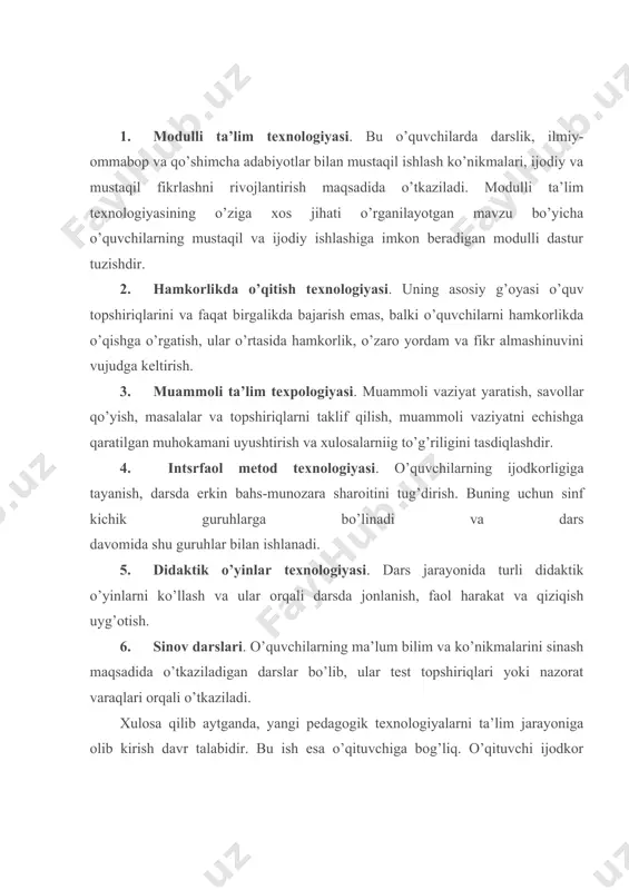 lda kuzatish, taqqoslash, guruhlarga ajratish, umumlashtirish kabi usullardap foydalanib, qoida, ta’rif va xulosalar chiqarish yo’lidir. bu usulnipg mohiyati shundaki, unda o’quvchiga kat’iy qoidalar berilmaydi, o’quvchi qoida yodlash bilan bapd bo’lmaydi, balki bir qator o’xshash na noo’xshash hodisalarni saralab, ular ustida ishlaydi va o’qituvchi hamkorligida saralangan hodisalarni umumlashtiradi. bu usul orqali o’quvchilarning aqliy faoliyati rivojlanadi, o’quv materialini tushunish engillashadi. bu usulda til hodisalari o’quv topshiriqlari shaklida beriladi. masalan, 5-sinfda «uyushiq bo’laklar» mavzusiga oid nazariy ma’lumotlarning o’quv topshirig’i tarzida berilishini ko’rib o’taylik: 51-mashq. 1-topshiriq. berilgan gapdagi ajratib ko’rsatilgan so’zlar qaysi gap bo’lagi bo’lib kelganligini aniqlang. 1. o’zbek xalqi azaldan ajoyib xususiyatli, mehrli, oqibatli xalq bo’lgan. 2. buyuk san’atkor olim xo’jayev madaniyatimizda o’chmas, yorqin iz qoldirdi. 3. adolatsizlikka, nohaqlikka qarshi kurashish kerak. 2-topshiriq. ajratib ko’rsatilgan so’zlarga so’roq bering, ularning qaysi so’zga bog’langanligini aniqlang. o’quvchilar 51- va 52-mashqlarda berilgan o’quv topshiriqlarini bajarish orqali uyushiq bo’lak haqida tushuncha xosil qiladilar va tegishli xulosa chiqaradilar. ipduktiv …