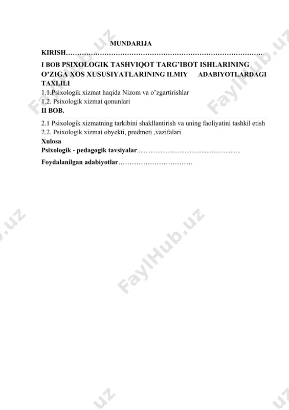 soblanadi. 2. psixologik xizmat mutaxassislari barcha muammolarni hal qilishda har qaysi shaxsning “pedagog, o’quvchi, talaba, ota-ona” manfaati va uning har tomonlama garmonik rivojlanishidan kelib chiqqan holda yondashadi. 3. psixologik xizmat mutaxassislari o’z faoliyatlarini tibbiyot xodimlari, defektologik xizmat, muhofaza qilish tashkilotlari, muayyan komissiyalar, balog’atga yetmagan o’smirlar inspeksiyasi, ota-onalar qo’mitasi, ishlab chiqarish jamoasi, jamoatchilik bilan uzviy aloqada amalga oshiradilar. amaliyotchi psixologlar o’qituvchiga berilgan barcha imtiyozlardan foydalanish huquqiga ega. ularning mehnat ta’tili muddati barcha o’qituvchilar bilan barobardir. 1996 yildagi nizomga ko’ra o’quvchilar soni 500gacha bo’lgan maktablarda 1 ta psixolog lavozimi belgilanadi. o’quvchilari 500 kishidan ortiq kontingentdagi maktablarda har 500 o’quvchi uchun ikkinchi psixolog lavozimi belgilanadi. maktabgacha tarbiya muassasalaridagi har bir bolalar muassasasida 1shtat birligida bolalar psixologi lavozimi belgilanadi. kollej va litseylarda har 250 o’quvchi uchun shtatli psixolog lavozimi tayinlanadi. o’quvchilar soni 250 kishidan yuqori kontingentli hollarda har 250ta o’quvchi uchun qo’shimcha psixolog shtati belgilanadi. 2.nizomga kiritilgan o’zgartirishlar 2001 yilda bu nizomga o’zgartirish kiritildi. …