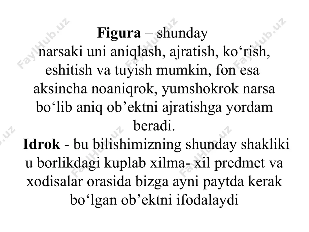 tiyorsiz idrokni vujudga keltiradi. ixtiyoriy idrokda odam uz oldiga muayyan maqsad, vazifa kuygan bo‘ladi. ixtiyoriy idrokda odam shunchaki eshitmaydi, balki tinglaydi, shunchaki kuzdan kechirmaydi, balki sinchiklab kuradi. ixtiyoriy idrok kup xollarda biron faoliyatning tarkibiga kirgan bo‘ladi. kuzatish ixtiyoriy idrokning turlaridan biri xisoblanadi. kuzatish maqsadga qaratilgan, uyushgan, ozmi-kupmi kupirok vaqt davom etadigan idrokdir. kuzatishda, odatda, kishi uz oldiga maqsad kuyadi: biron-bir ob’ekt, xodisa yuz beruvchi uzgarishlarni kuzatadi. tevarak olamdagi narsalarni idrok qilish bilan birga, biz ularning fazoviy xususiyatlarini – shakli, katta-kichikligi, o‘zaro bir-biridan va bizdan kanchalik uzoq-yaqinligini xam idrok qilamiz. xodisalarni idrok qilarmiz, biz ularning vaqt xarakteristikalirini –odamning tugma xususiyati xisoblanmaydi. agar yosh gudakning, shuningdek, onadan kur bo‘lib tugilib, keyinchalik operatsiya qilish orqali kuzi ochilgan kishilarning xatti-xaraktini kuzatsak, bunga ishonch xosil qilish qiyin eas. yosh go‘dak tepaga osib qo‘yilgan o‘yinchoqqa tomon qo‘l cho‘zish va uni ushlashni ko‘p marta mashq qilish natijasida o‘rganib oladi. avvaliga esa, o‘yinchoq o‘zining rangdorligi bilan bolaning e’tiborini …