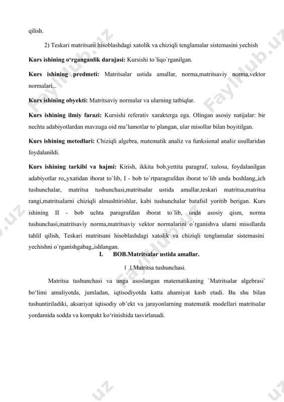 larning umumiy narxi topilsin. yechish. s ± xom ashyoning sarf hajmini topaylik: birlik. s 2 xom ashyo uchun s2 = 3-1 00 + 2-8 0 + 4-1 3 0 = 98 0 birlik. shu sababli,s xom ashyoning sarf hajmini quyidagi matritsa satr ko„rinishida ifodalash mumkin. /2 3\ s = c-a = (1 00 80 1 3 0) (5 2 ) = (73 0 980) u holda hom ashyoning sarf narxi q=730■ 3 0 + 980 ■ 5 0 = 709 00 pul birligi, matritsa ko„rinishida quyidagicha yozish mumkin. q=(s ■b) = ( ca)b = (70900) matritsa tushunchasi birinchi marta ingliz matematiklari u.gamilton (18051865 y.y.) va a.kelli (1821-1895 y.y.) ishlarida uchraydi. hozirgi kunda matritsa tushunchasi tabiiy va amaliy jarayonlarni matematik modellashtirishda muhim apparat sifatida qo‘llaniladi. 1- ta’rif. matritsa deb m ta satr va n ta ustunga ega bo‘lgan to‘rtburchakli sonlar jadvaliga aytiladi va quyidagicha belgilanadi: ' an a 12 . . …