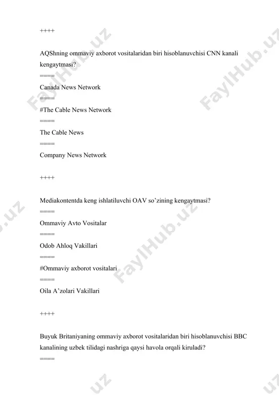 hirib tashlash ==== belgilab, no’shasi olingan yoki qirqib olingan ob’ektni qo’yish ++++ windowsda “vstavit” buyrug’i vazifasi? ==== belgilab olingan ob’ektni qirqib olish ==== belgilab olingan ob’ektdan no’sha olish ==== belgilab olingan ob’ektni o’chirib tashlash ==== #belgilab, no’shasi olingan yoki qirqib olingan ob’ektni qo’yish ++++ windowsda “kopirovat” buyrug’i vazifasi? ==== belgilab olingan ob’ektni qirqib olish ==== #belgilab olingan ob’ektdan no’sha olish ==== belgilab olingan ob’ektni o’chirib tashlash ==== belgilab, no’shasi olingan yoki qirqib olingan ob’ektni qo’yish ++++ windowsda “vstavit” buyrug’i vazifasi? ==== belgilab olingan ob’ektni qirqib olish ==== belgilab olingan ob’ektdan no’sha olish ==== #belgilab olingan ob’ektni o’chirib tashlash ==== belgilab, no’shasi olingan yoki qirqib olingan ob’ektni qo’yish ++++ grafik muharrirlar qanday dastur? ==== bu matnlar bilan ishlash dasturidir ==== shriftning ko`rinishi va shaklini tahrir qiluvchi dastur ==== #grafik tasvirlar bilan ishlash dasturi ==== diagramma tuzuvchi dastur ++++ paint grafik muharriri yordamida … mumkin. ==== #grafik tasvir yasash va tahrir qilish …