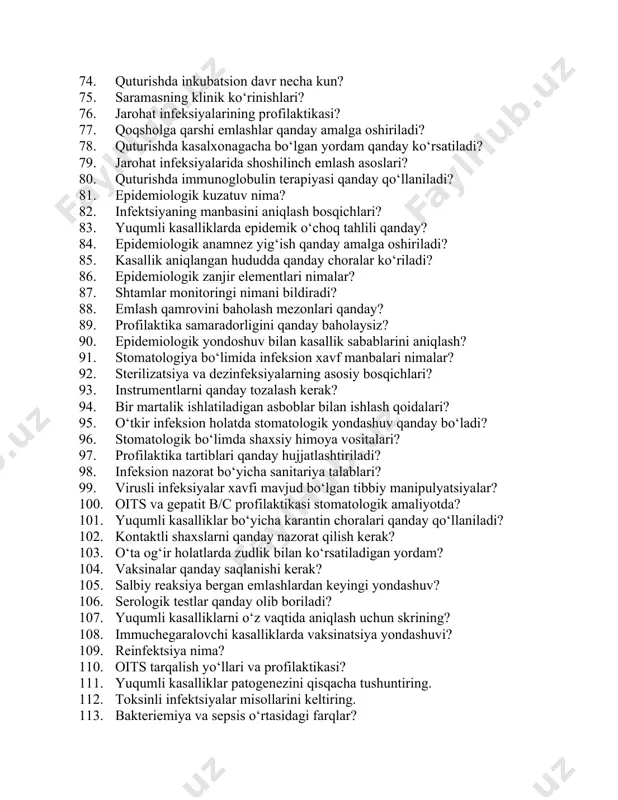 asalxonagacha bo‘lgan yordam qanday ko‘rsatiladi? 79. jarohat infeksiyalarida shoshilinch emlash asoslari? 80. quturishda immunoglobulin terapiyasi qanday qo‘llaniladi? 81. epidemiologik kuzatuv nima? 82. infektsiyaning manbasini aniqlash bosqichlari? 83. yuqumli kasalliklarda epidemik o‘choq tahlili qanday? 84. epidemiologik anamnez yig‘ish qanday amalga oshiriladi? 85. kasallik aniqlangan hududda qanday choralar ko‘riladi? 86. epidemiologik zanjir elementlari nimalar? 87. shtamlar monitoringi nimani bildiradi? 88. emlash qamrovini baholash mezonlari qanday? 89. profilaktika samaradorligini qanday baholaysiz? 90. epidemiologik yondoshuv bilan kasallik sabablarini aniqlash? 91. stomatologiya bo‘limida infeksion xavf manbalari nimalar? 92. sterilizatsiya va dezinfeksiyalarning asosiy bosqichlari? 93. instrumentlarni qanday tozalash kerak? 94. bir martalik ishlatiladigan asboblar bilan ishlash qoidalari? 95. o‘tkir infeksion holatda stomatologik yondashuv qanday bo‘ladi? 96. stomatologik bo‘limda shaxsiy himoya vositalari? 97. profilaktika tartiblari qanday hujjatlashtiriladi? 98. infeksion nazorat bo‘yicha sanitariya talablari? 99. virusli infeksiyalar xavfi mavjud bo‘lgan tibbiy manipulyatsiyalar? 100. oits va gepatit b/c profilaktikasi stomatologik amaliyotda? 101. yuqumli kasalliklar bo‘yicha karantin choralari qanday qo‘llaniladi? …