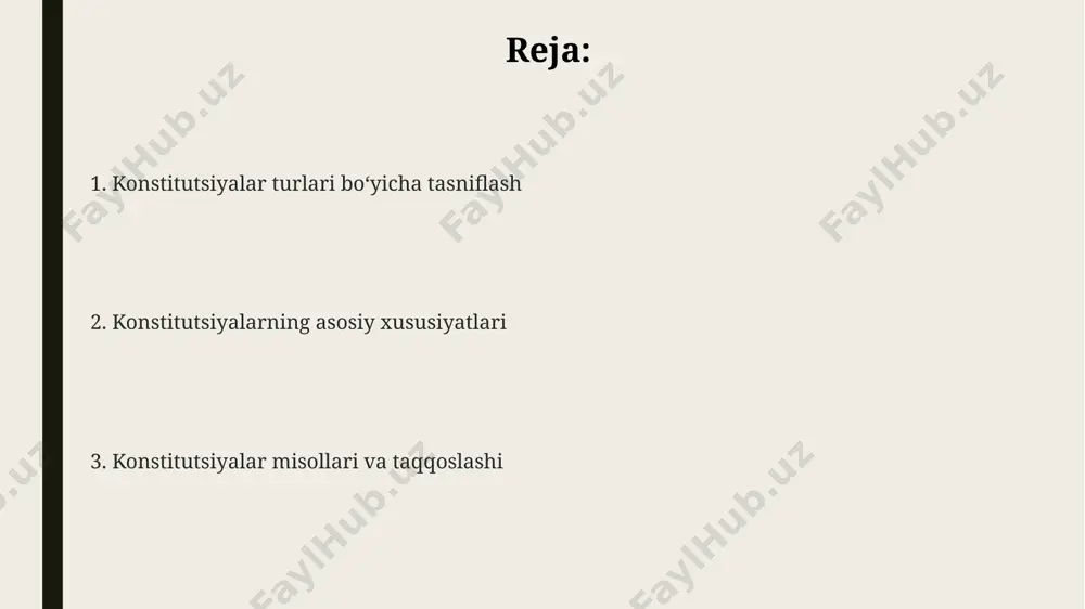 on respublikasining konstitutsiyasi kodifikatsiyalangan konstitutsiya turi hisoblanib, uning asosiy qoidalari yagona hujjatda bayon etilgan va 26 bobdan iborat. diniy konstitutsiya o'rta asrlar davrida, 11-13 asrlarda, ko'plab yevropa shaharlarining o'ziga xos diniy konstitutsiyalari mavjud bo'lib, ular cherkov va shahar hokimiyatining vakolatlarini belgilashga harakat qilishgan. ba'zi diniy konstitutsiyalar, masalan, saudiya arabistonining asosiy qonuni, shariat huquqiga asoslangan bo'lib, 1992-yilda qabul qilingan va islom ta'limotlarini davlat boshqaruvi tamoyillariga integratsiya qiladi. diniy konstitutsiyalar, masalan, vatikan davlatining asosiy qonuni, 1929-yildan beri amalda bo'lib, cherkov va davlat munosabatlarini tartibga soladi va 700 ga yaqin moddadan iborat. konservativ konstitutsiya buyuk britaniyaning konstitutsiyasi, yozma boʻlmagan boʻlsa-da, tarixan konservativ xususiyatlarga ega boʻlib, u 1707-yildan beri davom etayotgan va monarxiya va parlament oʻrtasidagi muvozanatni aks ettiruvchi evolyutsion rivojlanishni namoyon etadi. 1871-yildagi germaniya imperiyasi konstitutsiyasi konservativ xususiyatlarga ega boʻlib, imperatorning katta vakolatlarini saqlab qolgan va federal tuzum doirasida alohida davlatlarga ancha katta avtonomiya bergan. konservativ konstitutsiyalar, masalan, 19-asr oxiridagi prussiya konstitutsiyasi kabi, …