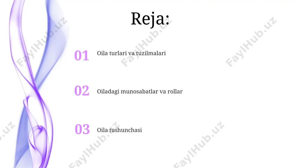arining o'zaro munosabatlari, ularning yoshi va ijtimoiy rollariga qarab, 3 ta asosiy turga bo'linadi: ota-ona-bola, er-xotin va aka-uka/opa-singil munosabatlari, har biri o'ziga xos xususiyatlarga ega. oilaviy an'analar oilaviy an'analar, avlodlar davomiyligini ta'minlashda muhim rol o'ynaydi, 3 avloddan ortiq birgalikda yashash holatlari ijtimoiy barqarorlikni 20% ga oshirishi mumkinligi kuzatilgan. oilaviy qadriyatlar va urf-odatlar, 5-10 yosh oralig'idagi bolalarning shaxsiy rivojlanishiga ijobiy ta'sir ko'rsatib, o'ziga ishonchni va ijtimoiy moslashuvchanlikni 15% ga yuqorilatadi. oila tushunchasi oila tushunchasi, 2 yoki undan ortiq qarindoshlardan iborat bo'lib, o'zaro bog'liqlik va o'zaro yordam tamoyillariga asoslanadi, shuningdek, 3 ta asosiy funksiyani – biologik, ijtimoiy va iqtisodiyni birlashtiradi. oilaviy munosabatlarning salomatligi 4 ta asosiy omilga bog'liq: oila a'zolari o'rtasidagi ishonch, o'zaro hurmat, qo'llab-quvvatlash va muloqotning ochiqligi; bu omillar oilaviy farovonlikni ta'minlaydi. oila haqida maqollardan namunalar “oila – bu qal’a, qal’aning mustahkamligi esa a’zolarning bir-biriga bo'lgan mehr-oqibatiga bog'liq” degan maqol, oilaviy munosabatlarning muhimligini va 5 ta asosiy omil (mehr, hurmat, ishonch, …