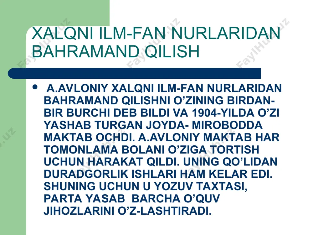 `urgan muhammad abdo, uning ustozi jamoliddin afg`oniy kabi kishilarning asarlari faqat munavvar qorigagina emas, balki ko’pgina musulmon mamlakatlaridagi yoshlarning ongi va dunyoqarashiga ijobiy ta’sir ko’rsatgan. j. afg`oniyning samarqand, shahrisabz musulmonlarini rusiya mustamlakasidan qutqarish to’g`risida 1875 yili turk sultoniga yozgan maktubidan keyin buxoro va turkistonga tashviqotchilar oqimi tinimsiz kelgan va ularning har biri oxranka tomonidan maxsus ro’yxatga olingan. bulardan tashqari, o’sha davrda badiiy va ilmiy adabiyotchilar ichida shekspir, shiller, volter, didro kabi g`arb adib va mutafakkirlarning asarlari ham turkistonga turli yo’llar bilan kirib kelganini ham unutmaslik lozim. jadid maktablari faoliyati o’lkada yuz berayotgan voqealar tufayli, xalqning ruhi tushib ketganini, ziyolilarning esa ma’naviy tanazzul tomon yuz o’girganini ko’rgan munavvar qori bu holatlarning ijtimoiy ildizini tekshirishga urinadi. ushbu urinish uning maktab va madrasa faoliyatini tamoman isloh qilish fikriga olib keladi. u madrasalarda asosiy darslarni arab tilida emas, balki ona tilida olib borish, diniy sabokdar bilan birga ijtimoiy fanlarni o’qitish masalasini ko’ndalang qo’ydi. usuli …