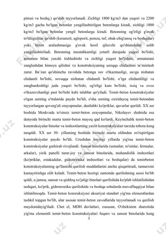 elementlardan tashkil topgan bo'lib, ular asosan temir-beton zavodlarida tayyorlanadi va qurilish maydonidayig'iladi. chet el, mdh davlatlari, xususan, o'zbekiston sharoitida yig'ma elementli temir-beton konstruksiyalari fuqaro va sanoat binolarida keng qo'llaniladi. bir qavatli sanoat binosining konstruksiyasi 8.1- rasmda ko'rsatilgan. po'lat siqilish va cho'zilishga juda yaxshi ishlaydi. ала shu boisdan ham temir-beton yaratish g'oyasi paydo bo'ldi, unda siquvchi yuklarni beton, cho'zuvchi yuklarni esa po'lat armatura qabul qiladi. egiladigan tem ir-beton elem entlarda ishchi armaturani, odatda, elementning cho'zilgan qismida joylashtiriladi. ishchi armatura element kesimlarini kichraytirish va konstruksiyaning xususiy og'irligini kamaytirish uchun qo'yiladi. beton (armaturasi yo'k) elementlar to'satdan yemiriladi, ayni bir paytda temir-beton elementlar asta-sekin yemiriladi, bu esa ulaming mustahkamlik zaxiralarini kamaytirish imkonini beradi. respublikamizni issiq kunlariga kelsak, harorat 40 gradus va undan ortiq bo'lganda betonning holati o'zgarganini ko'ramiz. odatdagi betonga yuqori harorat uzoq vaqt ta’sir etganida sement toshining qotganligi, juda ko'p cho'kkanligi va mustahkamligi pasayganligi, sement toshi va to'ldirgichlaming harorat tufayli deformatsiyalanish koeffitsiyentlari turlicha …