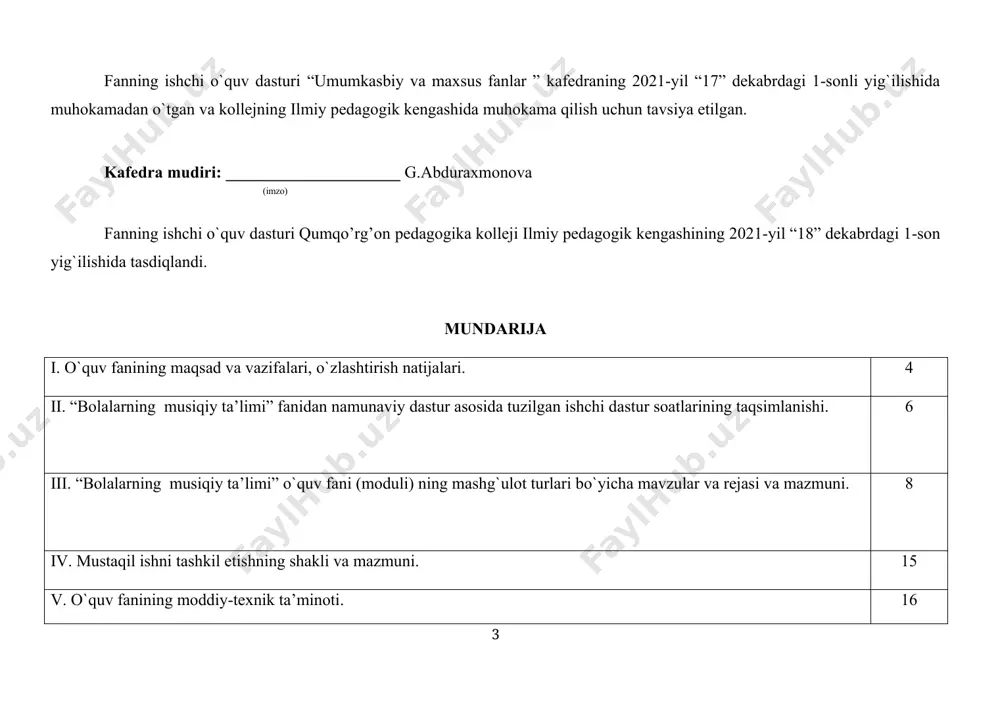 bek musiqa madaniyati va ommaviy janrlarining turlari; · musiqa faoliyat turlari tinglash,kuylash musiqa savodi,musiqiy ritmik harakat va bolalar musiqa asboblarida ijroga o’rgatish faoliyatlari; -yosh avlodning musiqiy o’quvini rivojlantirish va milliy qadriyatlarimizni singdirishda axborot texnologiyalaridan foydalanish; ko’nikmalar · musiqaga oid ma’lumotlarni va oddiy musiqiy tushunchalardan foydalanish; · ozbek mumtoz milliy kuy va qo’shiqlarini ifodali ijro etish; · mashg’ulotlarda musiqa faoliyat turlaridan tinglash,kuylash,musiqiy ritmik harakat va bolalar musiqa asboblarida ijroga o’rgatish faoliyatlaridan foydalanishni; · fanni amaliyot bilan bog’lash; bolajonlarga musiqa mashg’ulotida va mashg’ulotdan tashqarida yakkama-yakka yondoshish o’quv rejaga muvofiq o’zaro bog’liq bo’lgan fanning nomi pedagogika,psixologiya maxsus fanlar o’qitishning tashkiliy shakli n-nazariy ta’lim a-amaliy ta’lim na- birgalikda tashkil etilgan nazariy va amaliy mashg’ulotlar dasturga qo’yilgan talab majburiy o’qitish tili guruhga tayinlangan dars tili asosida baholash tartibi joriy baholash tartibiga asoslanib o’quvchilarning bilim va ko’nikmalarini baholash og’zaki, yozma, test, oraliq nazorat, yakuniy nazorat, individual va amaliy topshiriqlar bajarish ii. “bolalarning musiqiy ta’limi” fanidan namunaviy …