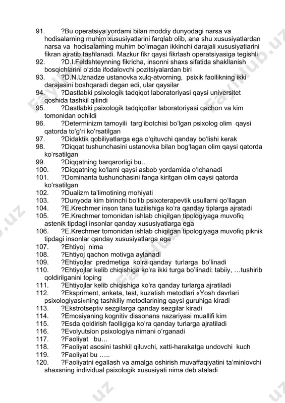 . ?assotsiatsiyalar nechta turga ajratiladi 73. ?avval ongli bajarib, keyinchalik avtomatlashgan xatti-harakatlarga …… aytiladi 74. ?ayrim narsalar oʻrtasida murakkab munosabatlarning aks ettirilishi bu…………… 75. ?berilgan axborotni qabul qiluvchi inson ………… 76. ?biogenetik nazariyaning mazmuni qaysi qatorda koʻrsatilgan 77. ?biogenetik qonun qaysi olimlar tomonidan kashf qilingan 78. ?bir qator faoliyat turlarini muvaffaqiyatli amalga oshirishga yo‘naltrilgan qobiliyatlar nima deb ataladi 79. ?bir turkim ichidagi narsalarning bir-biriga oʻxshashligiga va boshqa turkumlardagi narsalardan farq qilishiga qarab narsalarni turkumlarga ajratish tizimi .............deb ataladi 80. ?bir vaqtda qarama-qarshi hissiyotlarning namoyon boʻlishi bu.......... 81. ?bir xil obrazlarni qaytarilishi boʻlib har bir davr uchun tipik boʻlgan obrazlarni yaratishdan iborat xayol jarayoni 82. ?birinchi psixologik laborotoriyaning asoschisi kim 83. ?birinchi turkum sezgilariga nimalar kiradi 84. ?biron bir sohadagi to’g’ri mo’ljal olishni, yangi faktlar bilan tanishishga yordam beradigan motiv – bu…. 85. ?biror bir vazifani hal etish yoki biror bir faoliyatni usuli, malakalarning takrorlanmas tizimi nima deb ataladi 86. ?biror …