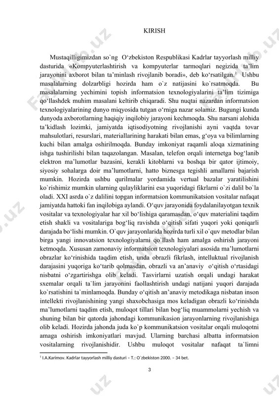 jamiyatda iqtisodiyotning rivojlanishi ayni vaqtda tovar mahsulotlari, resurslari, materiallarining harakati bilan emas, g‘oya va bilimlarning kuchi bilan amalga oshirilmoqda. bunday imkoniyat raqamli aloqa xizmatining ishga tushirilishi bilan taqazolangan. masalan, telefon orqali internetga bog‘lanib elektron ma’lumotlar bazasini, kerakli kitoblarni va boshqa bir qator ijtimoiy, siyosiy sohalarga doir ma’lumotlarni, hatto biznesga tegishli amallarni bajarish mumkin. hozirda ushbu qurilmalar yordamida vertual bazalar yaratilishini ko`rishimiz mumkin ularning qulayliklarini esa yuqoridagi fikrlarni o`zi dalil bo`la oladi. xxi asrda o`z dalilini topgan informatsion kommunikatsion vositalar nafaqat jamiyatda hattoki fan inqilobiga aylandi. o‘quv jarayonida foydalanilayotgan texnik vositalar va texnologiyalar har xil bo‘lishiga qaramasdan, o‘quv materialini taqdim etish shakli va vositalariga bog‘liq ravishda o‘qitish sifati yuqori yoki qoniqarli darajada bo‘lishi mumkin. o`quv jarayonlarida hozirda turli xil o`quv metodlar bilan birga yangi innovatsion texnologiyalarni qo`llash ham amalga oshirish jarayoni ketmoqda. xususan zamonaviy informatsion texnologiyalari asosida ma’lumotlarni obrazlar ko‘rinishida taqdim etish, unda obrazli fikrlash, intelluktual rivojlanish darajasini yuqoriga ko‘tarib qolmasdan, …