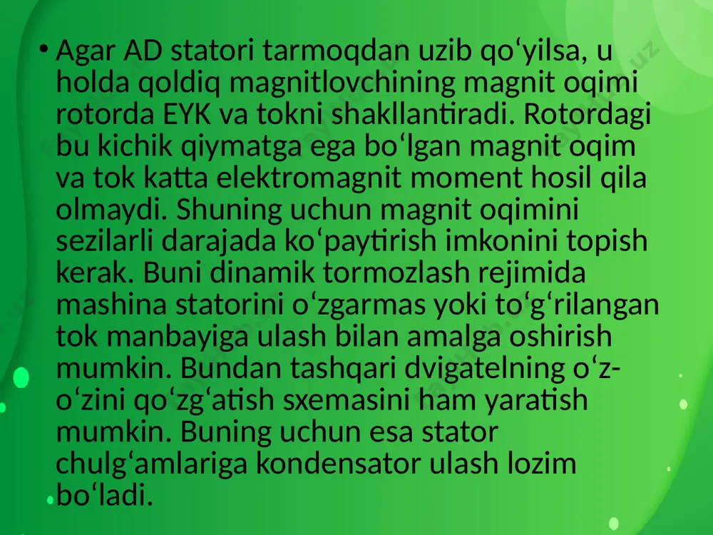 ta’sirida stator maydoni aylanishiga teskari bo‘lgan yo‘nalishda aylanishidan yuzaga keladi. reaktiv moment mavjudligida tormozlash vaqti kam bo‘lib, mashina tormozlash rejimidan dvigatel rejimiga o‘tadi, faza rotorli dvigatellar uchun katta qo‘shimcha qarshilik bo‘lgan paytda yuritma mtr tormozlash momenti bilan to‘liq to‘xtashi mumkin aktiv qarshilik momenti mavjud bo‘lganda, xuddi oldingi holatdagidek magnit maydonining aylanish yo‘nalishi o‘zgarsa, dvigatel ishlash rejimini o‘zgartiradi, ya’ni ikkinchi kvadrantda teskari ulab tormozlash, uchinchi kvadrantda rotor aylanish yo‘nalishini reverslab dvigatel rejimi, to‘rtinchi kvadrantda yangi rejim-energiyani aylanish yo‘nalishini reverslab dvigatel rejimi, to‘rtinchi kvadrantda yangi rejim-energiyani tarmoqqa qaytarib, generator rejimi sodir bo‘ladi va dvigatel 3 nuqtada o‘rnatilgan tezlikda ishlaydi. xulosa: asinxron dvigatelli ko‘p yuritmalar uchun ishga tushirishga nisbatan tormozlash rejimi katta ahamiyat­ga ega. chunki bu rejimga ishonchlilik va soz ishlash talablari qo‘yiladi. ko‘pincha berilgan holatda aniq to‘xtash va aniq vaqt orasida tormozlash talab etiladi. asinxron dvgatellarda quyidagi: tarmoqqa energiya­ni qaytarish yo‘li bilan generator rejimida tormozlash; mashina generator rejimida ishlab statorga o‘zgarmas tok …