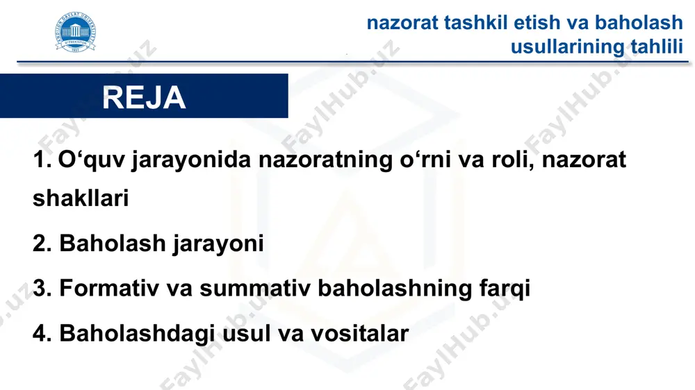 ng tahlili pedagogikada o‘lchashning asosiy xususiyati: bilvositalilik bunda konkret fizik xususiyatlar emas, balki mavhum tushunchalar (bilim, ko‘nikma, kompetensiya) o‘lchanadi ular maxsus tuzilgan vositalar – nazorat materiallari yordamida o‘lchanadi. nazorat tashkil etish va baholash usullarining tahlili shakllantiruvchi (formativ) baholash (o‘rganish uchun baholash): o‘quvchilar o‘rganish jarayonining qaysi bosqichida ekanliklari, keyingi qadamlari qanday bo‘lishi kerakligi va maqsadga qanday erishishlari mumkinligi haqida o‘quvchilar va o‘qituvchilar tomonidan ishlatiladigan dalillarni yig‘ish va talqin qilish jarayoni (isaacs et al, 2013) nazorat tashkil etish va baholash usullarining tahlili shakllantiruvchi (formativ) baholash (o‘rganish uchun baholash): uyga berilgan vazifalar dars paytida beriladigan topshiriqlar savol-javob dars paytida o‘tkaziladigan nazorat ishlari o‘quvchilarning darsdagi faolligini kuzatish nazorat tashkil etish va baholash usullarining tahlili shakllantiruvchi (formativ) baholash (o‘rganish uchun baholash): norasmiy ta’lim jarayoniga o‘zgartirish kiritish imkonini beradi qayta aloqa mavjud o‘quvchilarning bilim va ko‘nikmalarini baholash metodologiyasi xulosalovchi (summativ) baholash – ta’lim dasturi yoki uning bir qismi so‘ngida erishilgan natijani rasmiy baholash. (isaacs et al, …