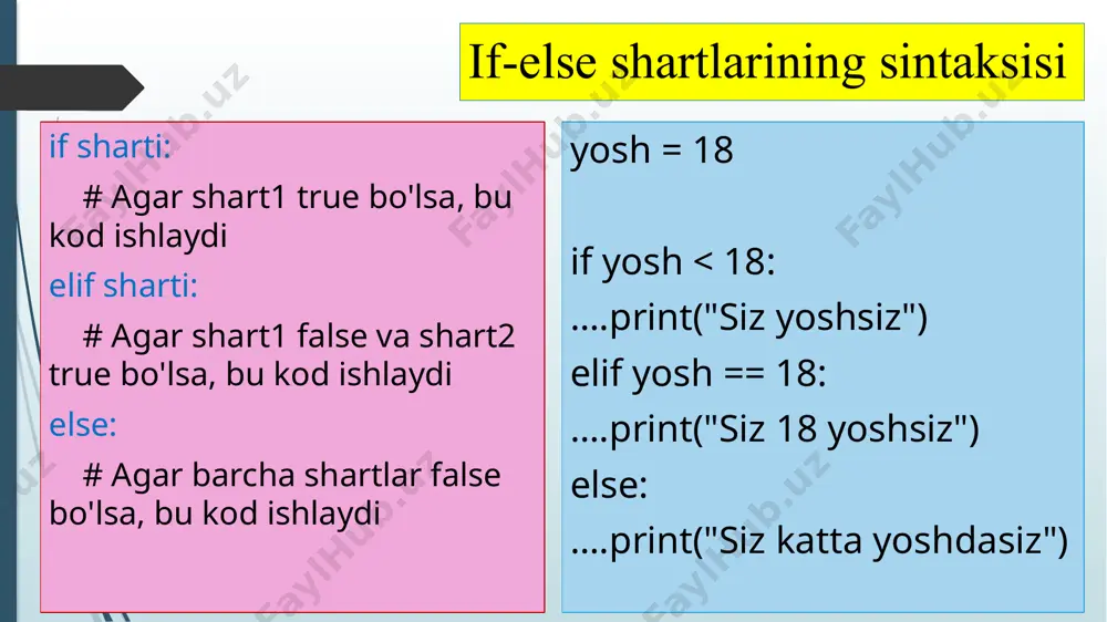 python dasturlash orqali if-else shartlari va tarmoqlanishni o‘rganish. python dasturlash tili orqali for, loop bilan ishlash - Page 4