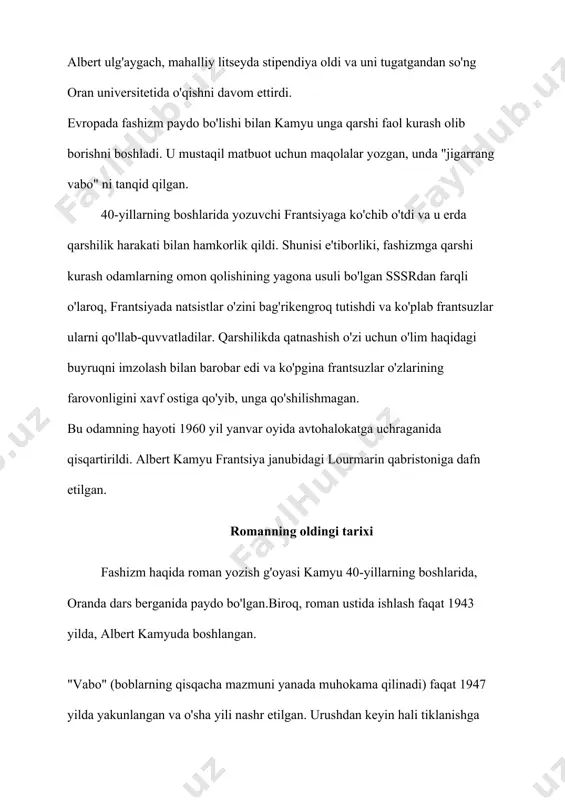 vom etmoqda. uning kredosi: “jinni bo'lishim kerak, ko'r yoki qallobshuning uchun; ... uchun; ... natijasida murosaga kelish dan vabo». shifokorning teskarisi - parijdan kelgan yosh jurnalist raymond rambert. ko'p tajribalariga qaramay (u ispaniyada jang qilgan), muxbir juda hissiy odam bo'lib qolmoqda. o'zini vabo shahrida tasodifan topib, sevikli xotiniga qaytish uchun undan chiqib ketishga urinadi. avvaliga u o'zini hamma narsa sodir bo'ladigandek tutadi. ammo tez orada u o'z munosabatini o'zgartirib, qochib qutulish imkoniyatini qo'lga kiritib, shaharda qoladi va vabo bilan fidokorona kurashadi. ushbu belgi roman uchun dastlabki eskizlarga kiritilmagan. yana bir ajoyib belgi - bu jan tarrou. u bolaligidan farovonlikda o'sdi, lekin boshqalarning yomonroq yashashini tushunib, o'z hayotini ularga yordam berishga bag'ishlashga qaror qildi. vaqt o'tishi bilan, tarru yordam berishga urinishlari ko'pincha vaziyatni yomonlashtirganini anglab etdi. achchiq umidsizlikka qaramay, vabo kelishi bilan tarru o'zining falsafiyligidan voz kechadi va infektsiyaga qarshi kurashishda yordam beradigan birinchi ko'ngilli tibbiyot guruhini tashkil qiladi. oxir oqibat, …