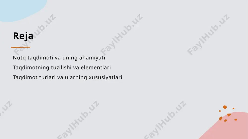 limlarni tarqatish va fikr almashishga yordam beradi. taqdimot tuzilishi: asosiy elementlar va ularning o'zaro aloqasi. 1 taqdimot maqsadi taqdimotning maqsadi, o'z fikrlarimizni aniq va tushunarli tarzda etkazishdan iborat. bu, auditoriyaga muhim ma'lumotlarni yetkazish imkonini beradi. 2 asosiy elementlar taqdimotning asosiy elementlari kirish, asosiy qism va xulosa. har bir element o'z o'rnida auditoriyani jalb qilish va ma'lumot etkazish uchun muhimdir. 3 o'zaro aloqalar taqdimot elementlari o'rtasidagi o'zaro aloqalar, fikrlar va misollar orqali ko'rsatiladi. bu, taqdimotning mantiqiy oqimini ta'minlaydi va auditoriyani qiziqtiradi. taqdimotning samaradorligini oshirish uchun foydalaniladigan vositalar. 1 vizual materiallar taqdimotda vizual materiallar, masalan, slaydlar va grafikalar, ma'lumotni yanada tushunarli va esda qolarli qilishda muhim rol o'ynaydi. 2 interaktivlik o'quvchilar bilan interaktiv muloqot, savollar va javoblar orqali taqdimotning faol ishtirokini oshiradi va diqqatni jalb etadi. 3 texnologik vositalar zamonaviy texnologiyalar, masalan, multimedia va onlayn platformalar, taqdimotni yanada qiziqarli va samarali qilish uchun keng imkoniyatlar yaratadi. taqdimot elementlarini ishlab chiqish: muvaffaqiyatli nutq …