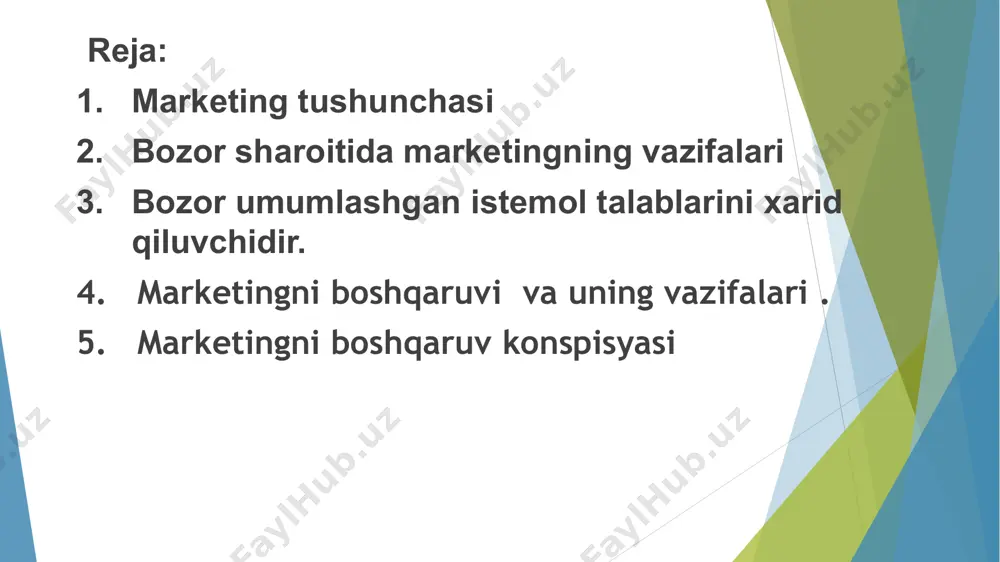 higa yetkazishni o‘z ichiga oladi. marketing nafaqat sotish, balki xaridor bilan uzoq muddatli munosabatlarni shakllantirishga ham xizmat qiladi. zamonaviy marketingda asosiy maqsad – foyda olish bilan birga, mijozni qoniqtirish va unga qiymat yaratishdir. bozor sharoitida marketingning vazifalari marketing bozor iqtisodiyotida korxonalar muvaffaqiyatining muhim omilidir. uning asosiy vazifalari – bozorni o‘rganish, iste’molchi ehtiyojlarini aniqlash va raqobatchilarni tahlil qilishdan iborat. shuningdek, marketing mahsulot siyosatini shakllantirish, narxni belgilash, reklama va targ‘ibotni tashkil etish, sotuv kanallarini rivojlantirish hamda mijozlar bilan barqaror aloqalarni yo‘lga qo‘yishni o‘z ichiga oladi. umuman olganda, marketingning vazifasi – iste’molchi ehtiyojini qondirish orqali korxona foydasini oshirish va bozor sharoitida raqobatbardoshlikka erishishdir. insonlar talablarini o’rganish marketing. korxonalarda ishlb chiqarish jaryonini tashkil etuvchi mulk egasi albatta istemol bozorida qanday istemol talablariga talab borligini ularning marketinglari tomonidan istemol bozorini o’rganish asosida ishlab chiqarishni tashkil etuvchilar. marketing istemol bozorni ichki va tashqi muxitini o’rganish.ichki marketing bu ishlab chiqarish korxonalarning ichki tashkiliy mexanizimi tashqi muxitini bozor …