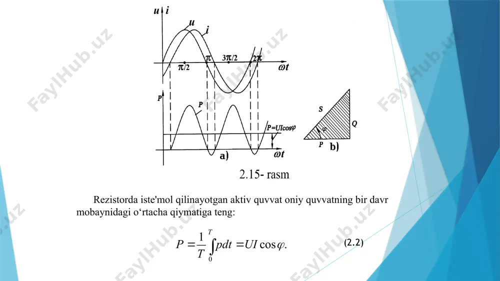 tuvchi qiymatlari mos ravishda teng. rezistordan bir xil vaqtda o'tgan sinusoidal va o'zgarmas toklar energiyasining issiqlik energiyasiga aylanish natijasini taqqoslab ko'ramiz. rezistordan sinusoidal tok o'tganda bir davr ichida ajralayotgan issiqlik miqdori: shu vaqt ichida o'zgarmas tok ta'sirida ajralib chiqqan issiqlik miqdori: ularni o'zaro tenglab, quyidagini hosil qilamiz: yoki 2. rezistiv elementli sinusoidal tok zanjiri rezistiv elementdan tarkib topgan oddiy elektr zanjiri sxemasi 2.6-rasm, a da keltirilgan. sxemada r - rezistor. sinusoidal kuchlanish ta'sirida rezistor r dan o‘tuvchi tok i om qonuniga binoan: ifoda bilan aniqlanadi, bu yeda 2.6-rasm 2.6- rasm, b da kuchlanish va tok oniy qiymatlarining to‘lqin diagrammasi keltirilgan. demak, rezistiv elementli elektr zanjiridagi tok shakli sinusoidal bo‘lib, uning chastotasi va boshlang‘ich fazasi manba kuchlanishi chastotasi va boshlang‘ich fazasi bilan bir xil bo‘ladi. kuchlanish va tok orasidagi faza siljish burchagi ga teng (2.6 - rasm, v). rezistiv elementli zanjir uchun om qonuni kuchlanish va tok ta'sir etuvchi qiymatlari orqali …