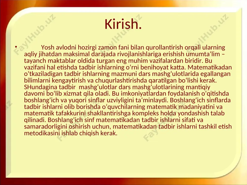viktorinani boshqarishhamma masalalarni bilishga intiladilar 4 matematika ertaligiтarixiy masalalarтarixiy misollarni o‘rganishmisollarni tayyorlash vaertaliklarni boshqarish. тarixiy misollarga qiziqtirishmisollarni yechishga harakat qilish 5. matematik to‘garaklarmashhur matematik olimlarning hayoti va faoliyatiolimlarning matematikaga qo‘shgan hissasi, matematika tarixini chuqur o‘rganishmatematika to‘garagini boshqarish va ssenariy yozishтarixiy materiallar to‘plami 6. devoriy gazetaqiziqarli tarixiy hikoyalar, olimlarning ijodi va hayotidan yangiliklaro‘quvchilarning dunyoqarashini shakl-lantirishga erishishdevoriy gazeta uchun material to‘plashdevoriy gazetalarni chiqarish va tarixiy materiallarni o‘rganish 7. ekuskursiyalarтarixiy muzeylarga sayohatlarga olib borishmilliy grafika, geometrik shakllar bilan tanishtirishekskursiya jarayonida tarixiy materiallar bilan tanishtirishmatematikadan yangi bilimlarga ega bo‘lish metamatik viktorina va matematik kecha darslarga nisbatan ba’zi farq qiluvchi xususiyatlarga ega: 1.o‘z mazmuni bo‘yicha matematika dasturiga taalluqli emas. ammo beriladigan bilimlar o‘quvchilarning kuchiga mos bo‘lishi kerak. 2.sinfdan tashqari ishlar imkoni boricha barcha o‘quv-chilarni jalb qilishi, ya’ni qiziqarli bo‘lishi zarur. past o‘zlash-tiruvchi o‘quvchilar ham qiziqish yordamida faol o‘quvchilarga aylanishi mumkin. 3.sinfdan tashqari ishlar ixtiyoriylik tamoyiliga asosan tashkil qilinadi, lekin qiziqishni ta’minlash lozim. bu mashg‘ulotlarga baho …