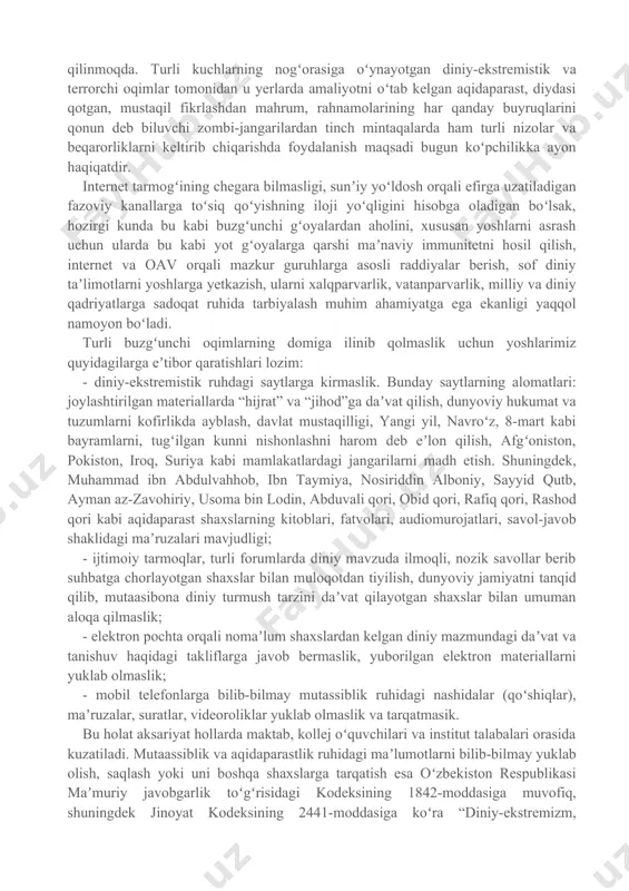 yoqish, jihod tushunchasini notoʻgʻri talqin qilish orqali yoshlarni qotilliklar qilishga chorlash bilan shugʻullanadilar. bu guruhga barcha terrorchi tashkilotlarni kiritishimiz mumkin. oxirgi paytlarda dunyoning koʻplab mintaqalarini qamrab olgan terrorizm va ekstremizm bilan bogʻliq muammolar faol muhokama qilinmoqda. terrorizm va diniy-ekstremizmga qarshi kurash markaziy osiyo mintaqasi, xususan, oʻzbekiston uchun ham dolzarb masalalardan biri hisoblanadi. bugungi kunda diniy-ekstremistik, terroristik guruhlar faoliyatida muhim oʻzgarishlar kuzatilmoqda. oʻzbekiston va boshqa davlatlarda diniy-ekstremistik, terroristik harakatlarga nisbatan olib borilayotgan murosasiz yondashuv natijasida guruh aʼzolari oʻz harakatlarini ochiq namoyon etishni maʼqul koʻrmay, aksincha, xufyona targʻibot-tashviqot ishlari orqali, jumladan internet orqali oʻz gʻoyalarini tarqatish bilan faoliyatlarini jadallashtirishmoqdalar. gʻoyaviy jihatdan milliy manfaatlarga zid boʻlgan diniy mazmundagi mahsulotlarni respublika hududiga olib kirish va tarqatishga urinish holatlari oʻzbekistonda ham kuzatilmoqda. bu kabi ekstremistik ruhdagi mahsulotlarni internet va boshqa yoʻllar orqali tarqatilishi aholi tomonidan dinning notugʻri talqin etilishiga, kam maʼlumotga ega oʻquvchilar maʼnaviy ongining buzilishiga, turli eʼtiqod va qarashlarga ega boʻlgan odamlar, xususan yoshlar …