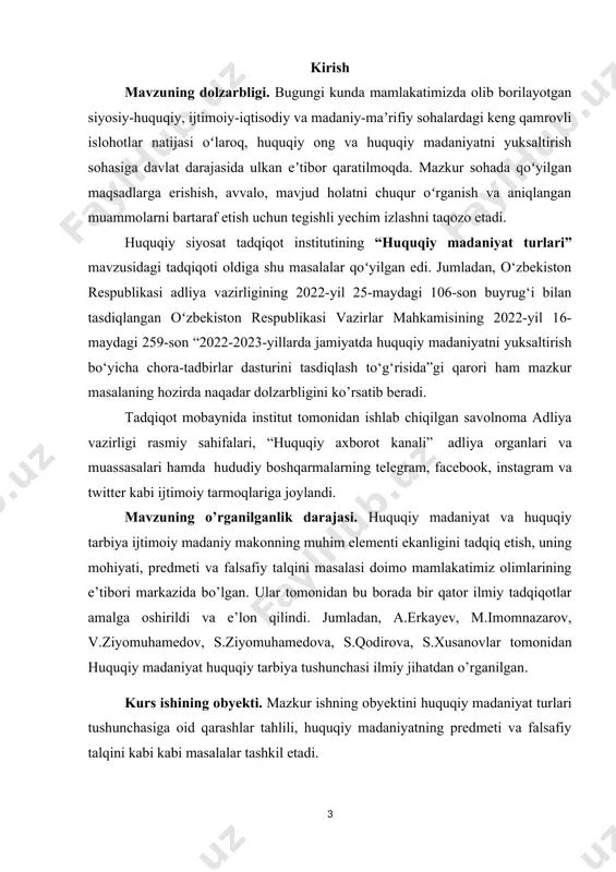 i masalasi doimo mamlakatimiz olimlarining e’tibori markazida bo’lgan. ular tomonidan bu borada bir qator ilmiy tadqiqotlar amalga oshirildi va e’lon qilindi. jumladan, a.erkayev, m.imomnazarov, v.ziyomuhamedov, s.ziyomuhamedova, s.qodirova, s.xusanovlar tomonidan huquqiy madaniyat huquqiy tarbiya tushunchasi ilmiy jihatdan o’rganilgan. kurs ishining obyekti. mazkur ishning obyektini huquqiy madaniyat turlari tushunchasiga oid qarashlar tahlili, huquqiy madaniyatning predmeti va falsafiy talqini kabi kabi masalalar tashkil etadi. kurs ishining predmeti. mazkur kurs ishning predmetini madaniyat,huquq, huquqiy madaniyat,huquqiy ong va huquqiy madaniyat turlari tushunchasining mohiyati, predmeti va falsafiy talqinini o’rganish tashkil etadi. tadqiqotning maqsadi: huquqiy madaniyat turlari mavzusini tadqiq etishdan ko’zlangan maqsad birinchi navbatda mazkur tushunchaning mazmun-mohiyatini o’rganish, uning jamiyat va millat hayottida tutgan o’rnini ilmiy jihatdan tahlil qilish, globallashuv jarayonlari natijasida yuzaga kelayotgan ma’naviyat bilan bog’liq muammolarga yechim topishdagi ahamiyatini ko’rsatib berish tadqiqotning asosiy maqsadi hisoblanadi. kurs ishining tuzilishi. kurs ishi kirish,ikki bob,uchta paragrafdan, xulosa va foydalanilgan adabiyotlar ro’yxatidan iborat. i bob: madaniyat,huquq,huquqiy madaniyat va huquqiy …