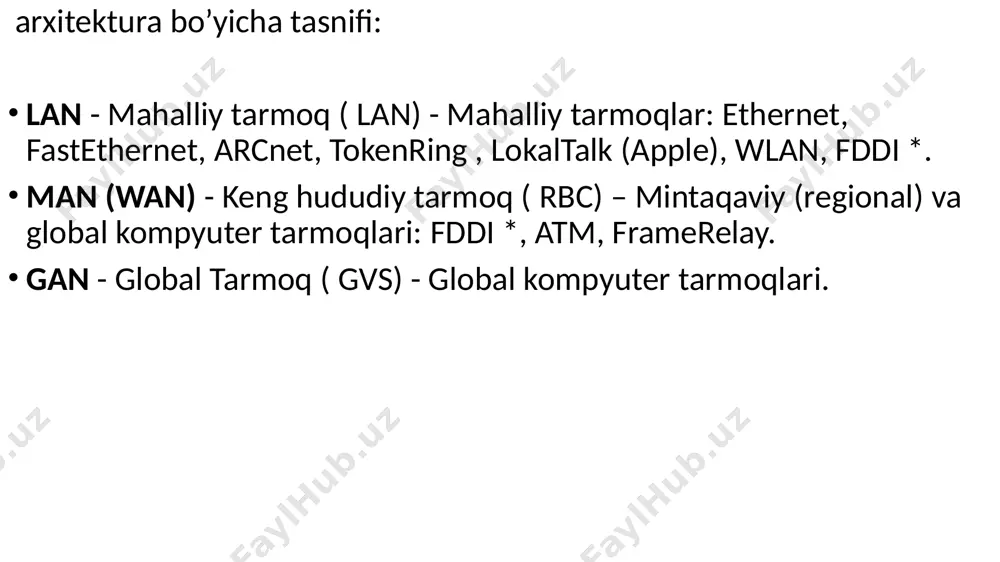 72.16.254.1 (oxirgi raqamdan keyin nuqta qo'yilmaydi). protokol bu to'plam qoidalar, bu orqali ma'lumot almashiladi. ushbu misolda eng ko'p ishlatiladigan http: // protokoli - gipermatnli uzatish protokoli ishlatiladi. asosiy tarmoq protokoli internet bu tcp / ip protokoli. tcp / ip - bu bir-biri bilan chambarchas bog'liq bo'lgan ikki xil protokol. tcp (transmission control protocol) - uzatishni boshqarish protokoli. bu ma'lumotni paketlarga qanday ajratish va aloqa kanallari orqali yuborish kerakligini belgilaydi. har bir ma'lumot to'plami o'z ichiga oladi ip-manzillar (ip - internet protokol) yuboruvchi kompyuter va qabul qiluvchi kompyuter. router deb nomlangan maxsus kompyuterlar ip-manzillaridan foydalanib, ma'lumot paketlarini to'g'ri yo'nalishda, ya'ni ko'rsatilgan qabul qiluvchiga yo'naltiradi. protokol nomi kod hal qilish uchrashuv http / https hyper text transfer protocol gipermatn uzatish protokoli ftp fayl uzatish protokoli fayllarni uzatish protokoli smtp oddiy pochta uzatish protokoli elektron pochta xabarlarini yuborish uchun oddiy protokol pop3 pochta aloqasi protokoli 3 elektron pochta orqali qabul qilish protokoli nntp …