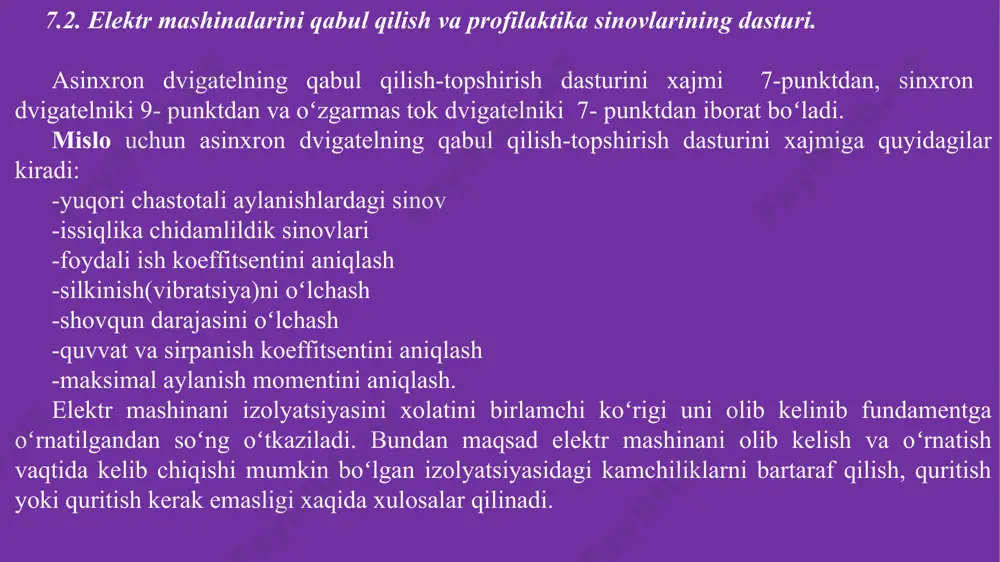 knelin aniqlanadi va quyidagi kombinatsiyalar bajarilsa ishga tushirish mumkin boʻladi. 2. kabs ≥ 1,1 va knelin ≤ 1,2 da r60ii va ioʻt me’yorda 3. knelin ≤ 1,2 da r60ii va ioʻt me’yorda shartlar bajarilganda elektr mashinalarni quritmasdan ishga tushirish mumkin boʻladi. 1. r60ii - izolyatsiya qarshiligini absolyut qiymatini oʻlchashda xar bir fazani yoki choʻlgʻomni qobiqqa va boshqa yerga ulangan choʻlgʻomlariga nisbatan oʻlchovi oʻtkaziladi. choʻlgʻomni kuchlanishi 660 v dan yuqori boʻlgan mashinalarni izolyatsiya qarshiligi 2500 v li megommetr bilan oʻlchanadi. choʻlgʻomni kuchlanishi 660 v gaga boʻlgan mashinalarni izolyatsiya qarshiligi 1000 v li megommetr bilan oʻlchanadi. oʻlchov ishlari tugalangandan soʻng choʻlgʻom yerga ulash qurilmasiga 2 minutdan kam boʻlmagan vaqtga ulab qoʻyiladi. 2. absorbitsiya koeffitsienti kabs = r60ii / r15ii ni eng kichik qiymati 10-30os xarorat oraligida i- gruppadagi elektr mashinalar uchun 1,2 ga va ii- gruppadagilar uchun 1,3 ga teng. 3. izolyatsiyadan oʻtuvchi tokni ioʻt = ƒ (unom) kenotron apparat yordamida xarakteristikasi …