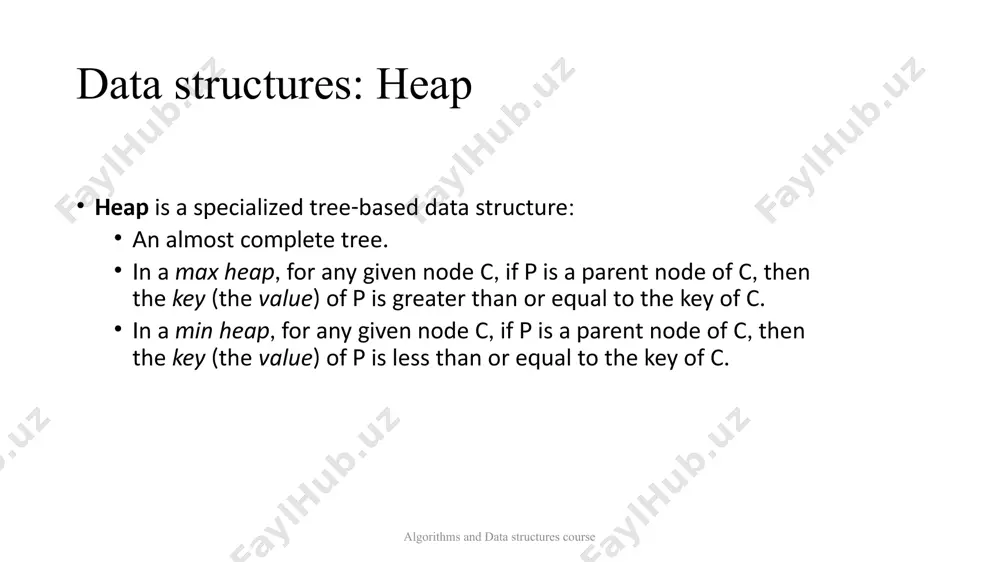 th its parent if parent key is lower, then algorithm is ended if parent key is greater, swap this element with parent and go to step 2. 6 data structures: heap operations: node adding algorithms and data structures course 2 5 4 3 5 9 10 40 12 need to add new element, for example, 4: adding element in the end of our tree comparing this element with its parent if parent key is lower, then algorithm is ended if parent key is greater, swap this element with parent and go to step 2. 6 data structures: heap operations: node adding algorithms and data structures course 2 4 5 3 5 9 10 40 12 need to add new element, for example, 4: adding element in the end of our tree comparing this element with its parent if parent key is lower, then algorithm is ended if parent key is …