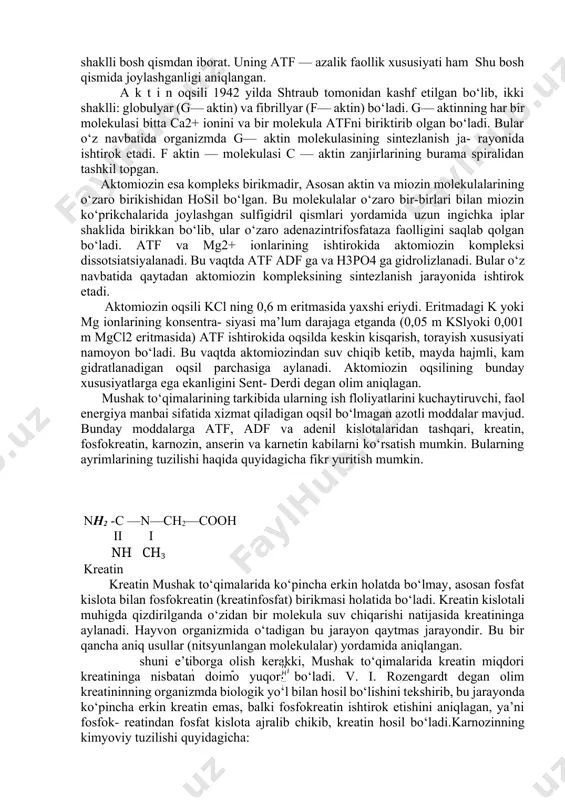 qsil miqdorining 30 % ga yaqinini tashkil etadi. ular ikki xil: a va b miogenlarga ajratiladi. miogen a ancha faol fermentativ katalizlash xususiyatiga ega bo‘lib, aldolazalar xususiyatini beradi. mioglobulin va mioalbuminlar mushak to‘qimalarida nisbatan oz tarqalgan oqsillardir. mioglobin esa murakkab oqsil xromoproteid bo‘lib, u oddiy oqsil gemvatemir moddasidan tashkil topgan. oqsil qismi bitta polipeptid zanjiridan iborat bo‘lib, 153 ta aminokislota qoldigini o‘z ichiga oladi. u mushak to‘qimalarini kislorod bilan ta’minlashda ham xizmat qiladi. sitoplazma tarkibidagi miofibrillyar oksillarga miozin, aktin, aktomiozin, tropomiozin, troponinlar kiradi. bular asosan mushak to‘qimalarining tolalarini tashkil etadi. m i o z i n — 0,6 m kcl eritmasida yaxshi eriydigan va dializ qilish yo‘li bilan tozalab ajratib olish mumkin bo‘lgan oqsildir. molekulyar massasi 470 000 ni tashkil etib, bir-biri bilan spiralsimon o‘ralgan ikkita polipeptid zanjiridan hamda globulyar shaklli bosh qismdan iborat. uning atf — azalik faollik xususiyati ham shu bosh qismida joylashganligi aniqlangan. a k t i …
