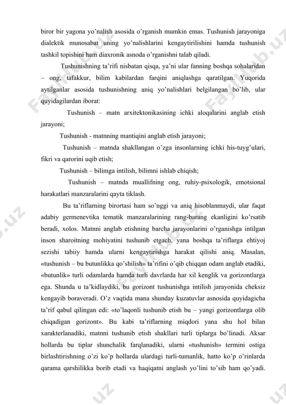 hamda turli davrlarda har xil kenglik va gorizontlarga ega. shunda u ta’kidlaydiki, bu gorizont tushunishga intilish jarayonida cheksiz kengayib boraveradi. o’z vaqtida mana shunday kuzatuvlar asnosida quyidagicha ta’rif qabul qilingan edi: «to’laqonli tushunib etish bu – yangi gorizontlarga olib chiqadigan gorizont». bu kabi ta’riflarning miqdori yana shu hol bilan xarakterlanadiki, matnni tushunib etish shakllari turli tiplarga bo’linadi. aksar hollarda bu tiplar shunchalik farqlanadiki, ularni «tushunish» termini ostiga birlashtirishning o’zi ko’p hollarda ulardagi turli-tumanlik, hatto ko’p o’rinlarda qarama qarshilikka borib etadi va haqiqatni anglash yo’lini to’sib ham qo’yadi. xuddi shunday fikrni tadqiqot predmeti tipologiyasi bo’la oladigan «tushunadigan odam», «matn», «mazmun», «arxitektonika» kabilar haqida ham aytish mumkin. aksar hollarda «aniq ta’rif» tushunchasi emas, balki har bir elementlarning borlig’idagi farq va qarama-qarshiliklarni aniqlashtirish matnlarning mohiyatini anglab etishga xizmat qilishi mumkin. adabiy germenevtikani o’rganishning bu yo’lini egallash borasida shuni nazarda tutmoq lozimki, binobarin hayot haqiqatini aks ettirishning, inson fikriy faoliyati sistemasi murakkab komponentlarining bir …