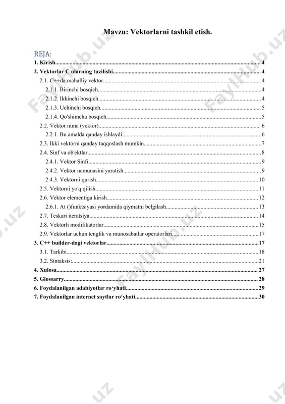 operatori bu butun vektorni konsolga, fayllarga va boshqalarga chiqarishimiz uchun kerak. 2.1.4. qo'shimcha bosqich bu erda biz qo'shamiz: harakat semantikasi bilan konstruktorlar 1) iteratorlar ular algoritm kutubxonasidagi algoritmlar uchun , shuningdek har bir kishi uchun tsikl uchun kerak 2) harakatlanuvchi semantikaga ega konstruktorlar bu vektorni to'g'ri nusxalash va harakatlantirish uchun kerak. vektorni nusxalashda biz boshqa vektorning barcha elementlarini for loop yordamida joriy vektorga o'tkazishni unutmasligimiz kerak . lvalue havolasi bilan konstruktorni chaqirganimizda, joriy arr_ ko'rsatgichini o'chirib tashlaymiz va boshqa vektor haqidagi barcha ma'lumotlarni joriy vektorga o'tkazamiz. 3) tayinlash operatorlari bu nusxa ko'chirish konstruktorlari va harakatlanuvchi semantikaga ega konstruktorlar bilan bir xil, faqat operatorlar. natijalar endi biz c++da vektor qanday ishlashini tushunabiz. to'liq kodni github-da topish mumkin. c++ da vektorlar: yangi boshlanuvchilar uchun hammaga salom! shu kungacha biz toza massivlardan foydalanganmiz. toza-bu bizning yukimizda turli funktsiyalarga ega bo'lmagan oddiy massivlarni anglatadi. ushbu darsda biz nopok massivlar — vektorlardan o'tamiz. 2.2. vektor …