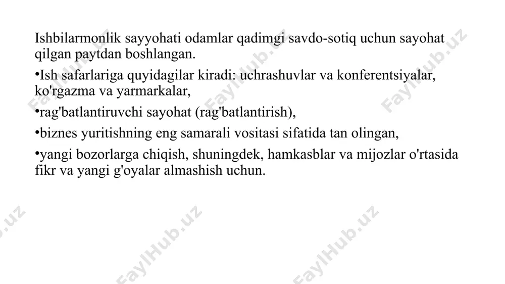 a birlashadilar, masalan, sevimli mashg'ulotlari, e'tiqodi, axloqiy mulohazalari va boshqalar). uyushma darajasi mahalliy, mintaqaviy, milliy yoki xalqaro bo'lishi mumkin. uyushma a'zolari geografik jihatdan tarqoq bo'lganligi sababli muntazam ravishda yig'ilishlar tashkil etish zarur. tabiiyki, xalqaro uyushmalar yig'ilishlari mintaqaviy yoki milliy uyushmalar yig'ilishlariga qaraganda ko'proq sayohat elementlarini o'z ichiga oladi. kichik va o'rta kompaniyalarda turli xil tadbirlar marketing va savdo bo'yicha menejerlar yoki kadrlar va o'qitish menejerlari tomonidan, kata tadbirlar esa ma'murlar yoki bosh kotiblar tomonidan tashkil etiladi. konferentsiyalar, aktsiyadorlar yig'ilishlari, yillik turlar, savdo uchrashuvlari, o'quv mashg'ulotlari va boshqalar kabi har yili 20 dan ortiq tadbirlarni o'tkazadigan ko'plab yirik korxonalarda o'zlarining korporativ tashkilotchilari bor, ular belgilangan joylarda joy ajratib, zaxiralashadi. shuningdek, tadbirning sifatli o'tkazilishi uchun javobgardir. joylarni tanlash uchun korporativ tashkilotchilar uchinchi tomon yordamchilaridan, ya'ni ushbu sohada tajribaga ega bo'lgan turli agentliklardan va o'zlarining ma'lumotlar bazasidan foydalanadilar (ba'zan rezervasyonning 70% ushbu agentliklar orqali amalga oshiriladi). uchrashuvlar uchun joy tanlashning muhim mezonlaridan biri …